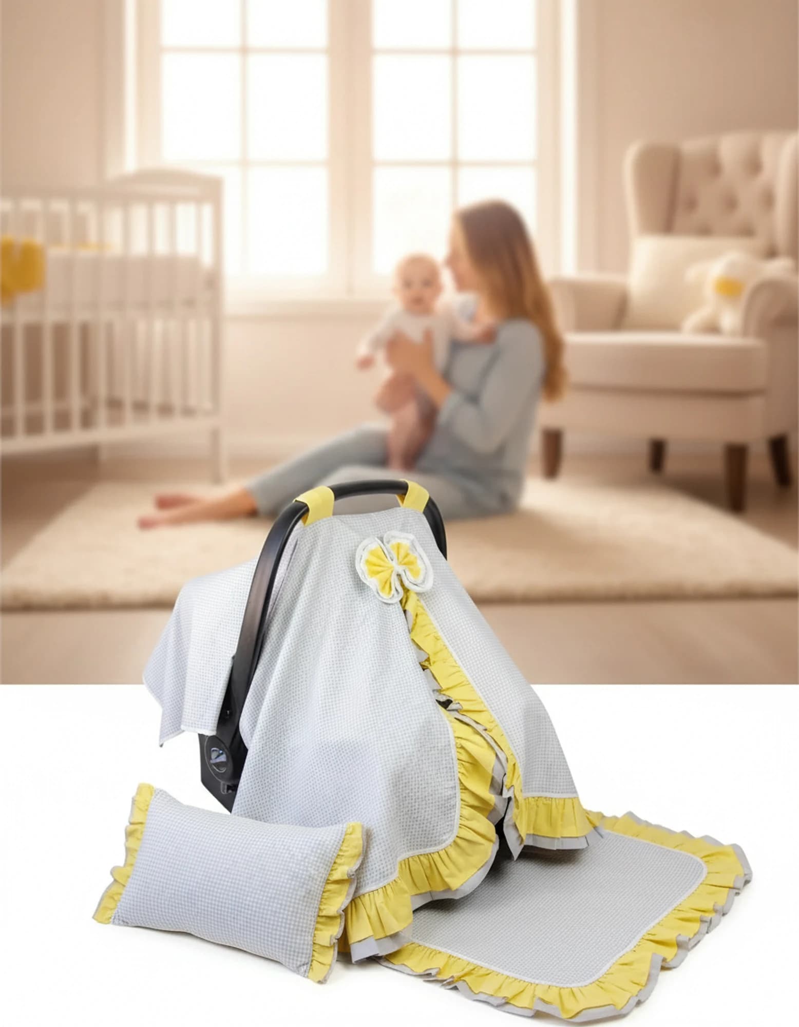Tek Puset Ortusu %100 Pamuk Cift Kat Firfirli Gri Ekose Ve Sari BabyNest görsel 11