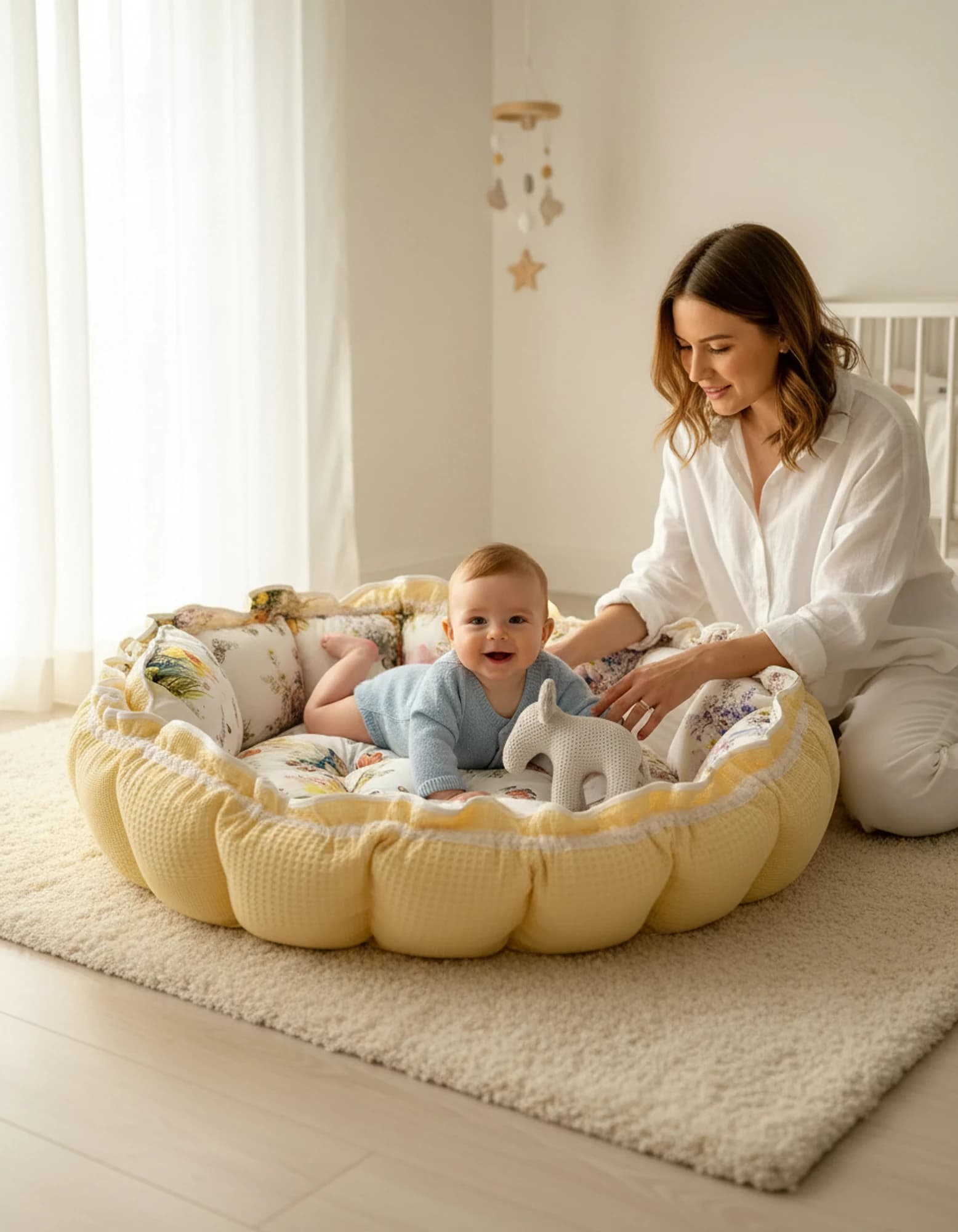 Yuvarlak oyun Minderi Ve Yastigi SARI poplin kumaşı KELEBEK MODEL