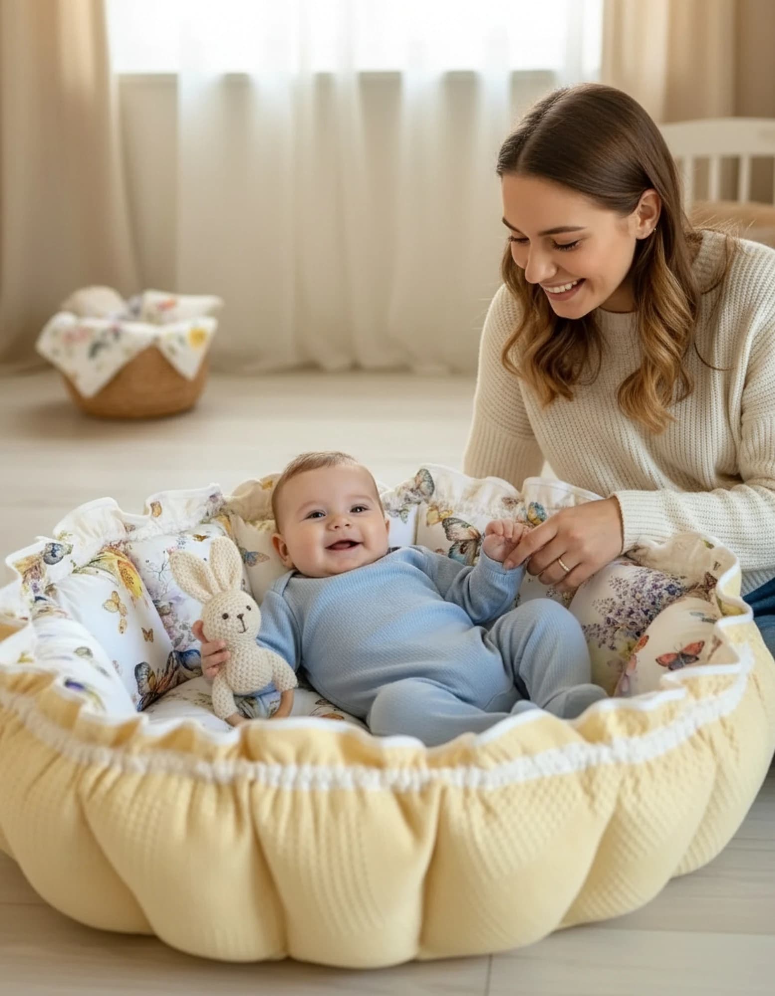 Yuvarlak oyun Minderi Ve Yastigi SARI poplin kumaşı KELEBEK MODEL