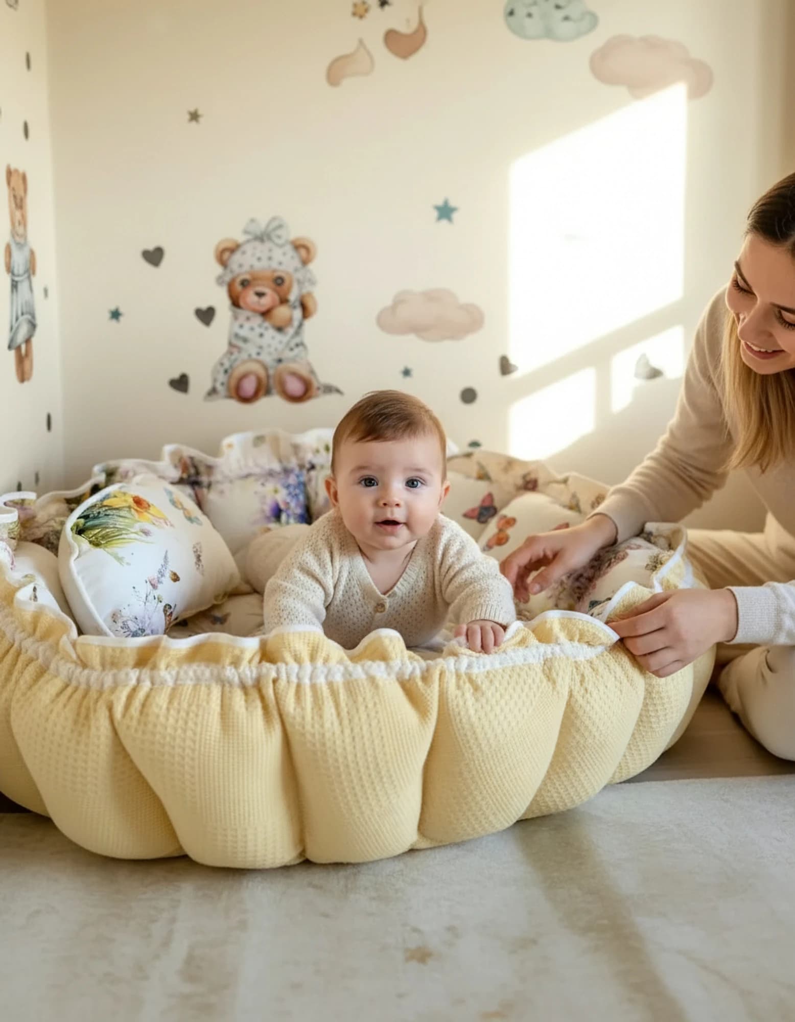 Yuvarlak oyun Minderi Ve Yastigi SARI poplin kumaşı KELEBEK MODEL