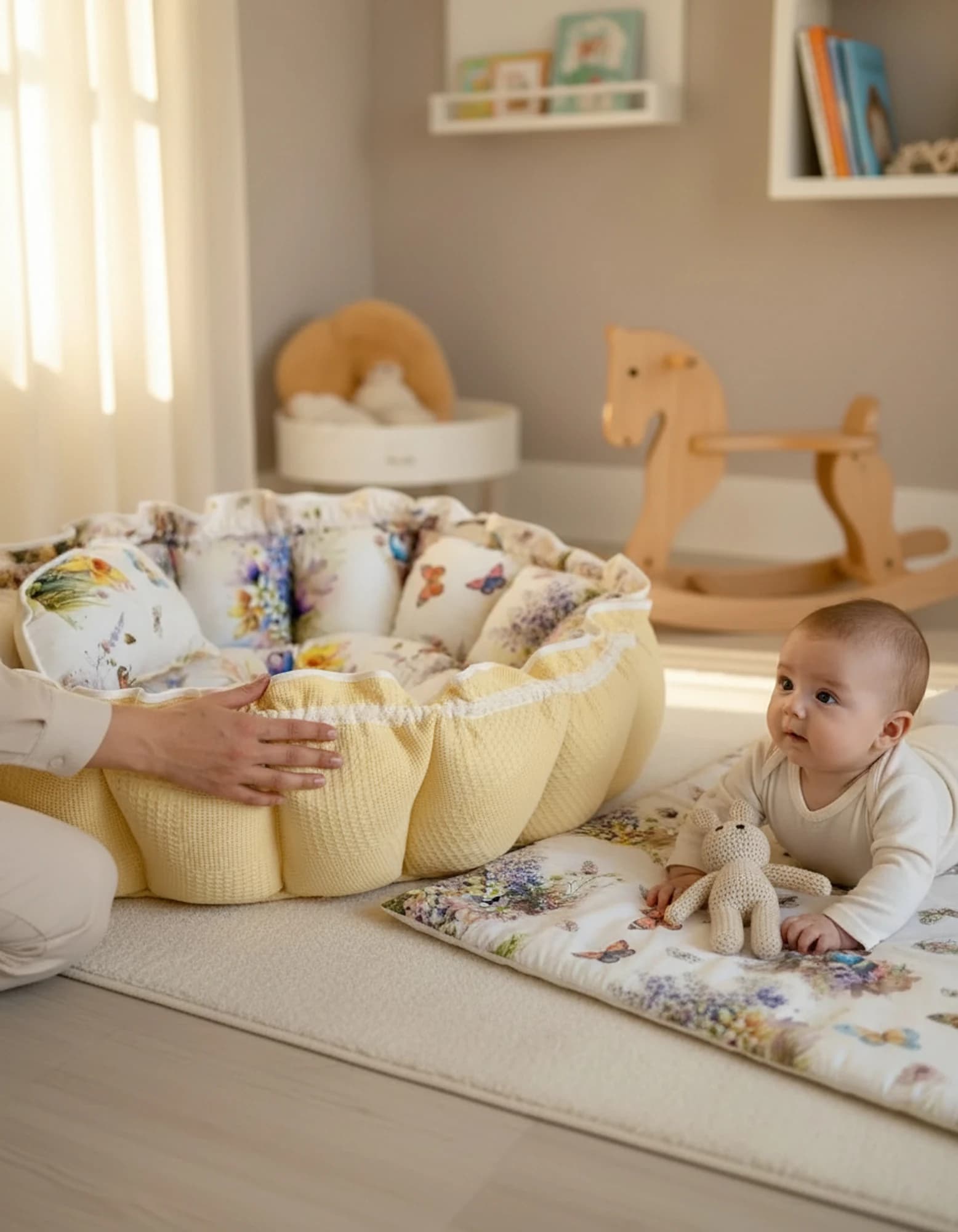 Yuvarlak oyun Minderi Ve Yastigi SARI poplin kumaşı KELEBEK MODEL
