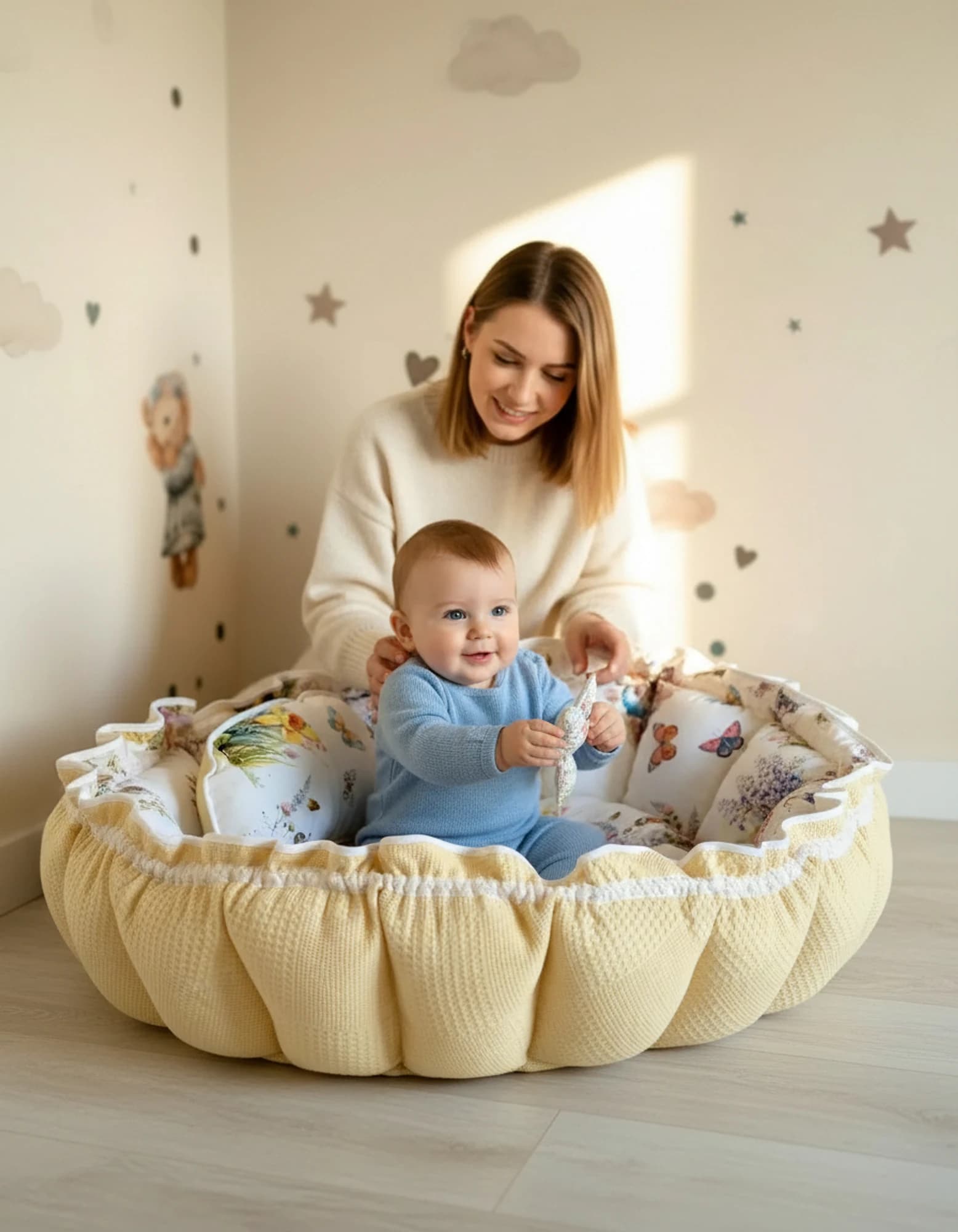 Yuvarlak oyun Minderi Ve Yastigi SARI poplin kumaşı KELEBEK MODEL