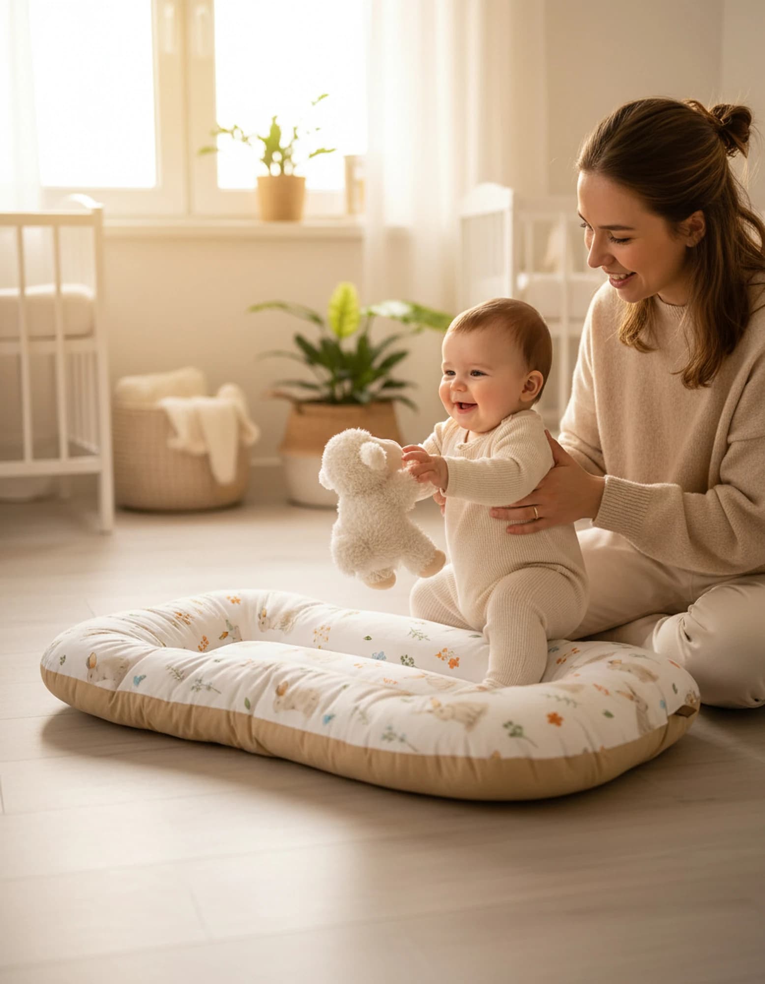 Oval Bebek Yatak Cift Yonlu Tavsan Bej Model BabyNest görsel 5