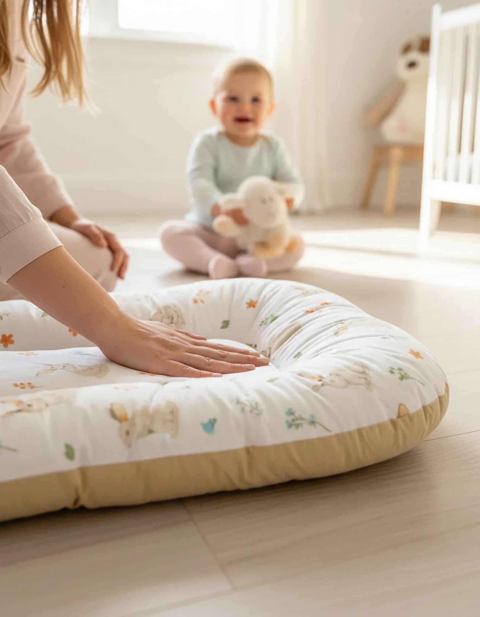 Oval Bebek Yatak Cift Yonlu Tavsan Bej Model BabyNest görsel 6