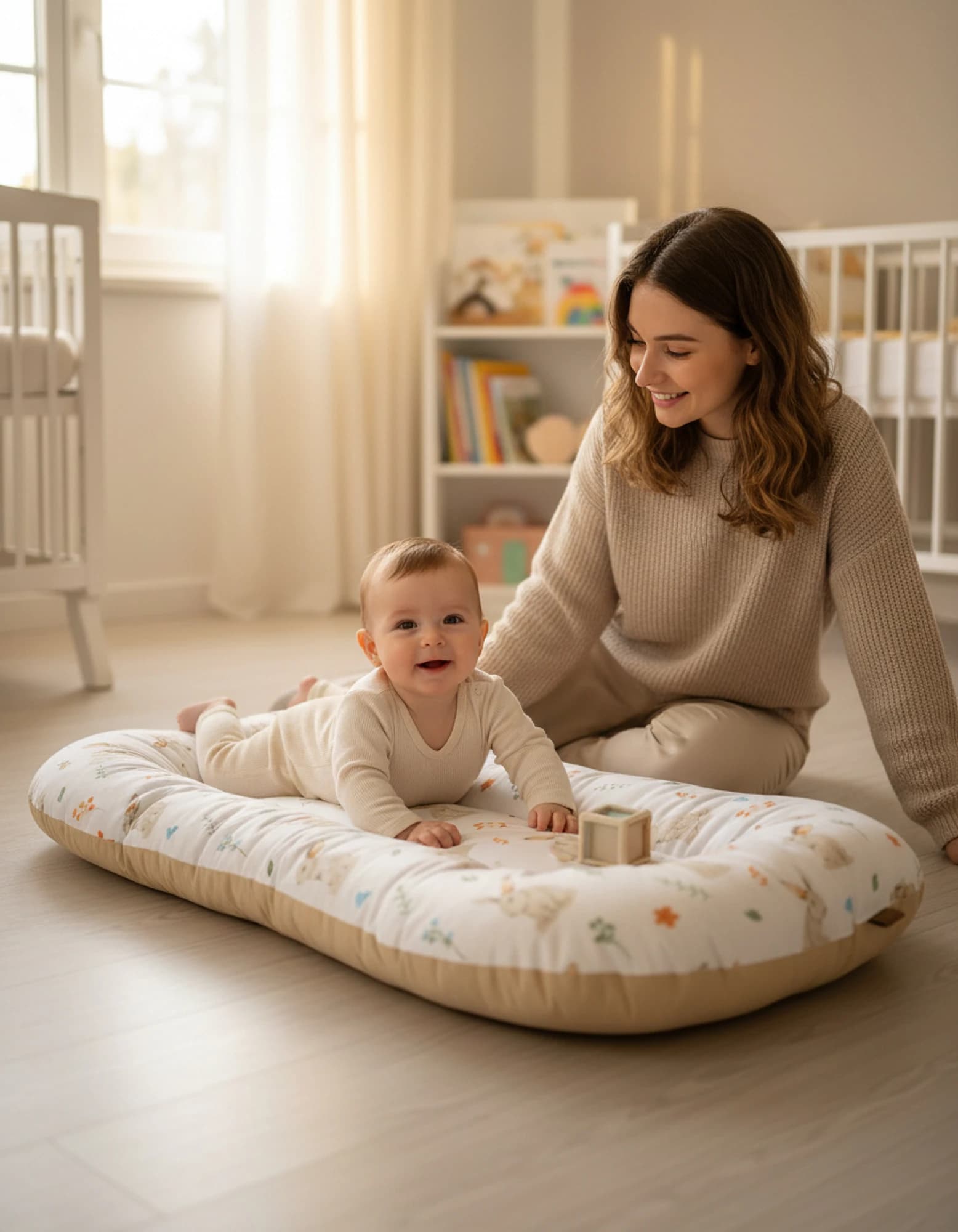 Oval Bebek Yatak Cift Yonlu Tavsan Bej Model BabyNest görsel 8