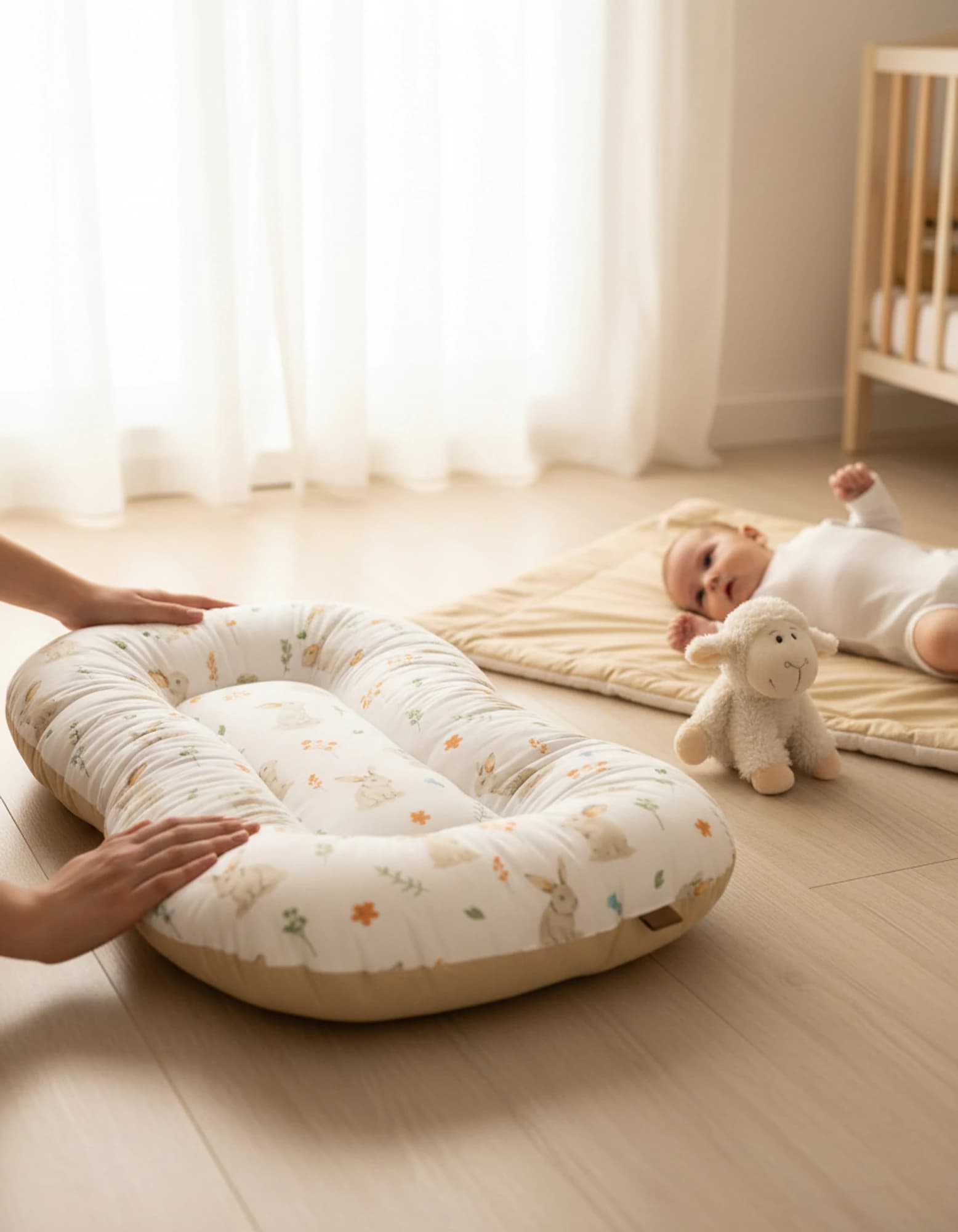 Oval Bebek Yatak Cift Yonlu Tavsan Bej Model BabyNest görsel 9