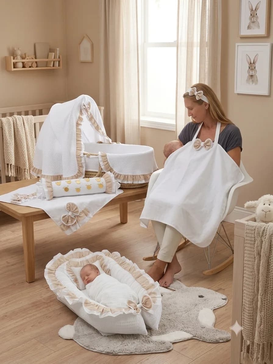 Krem Fırfırlı Pike ve Dantelli BabyNest Seti