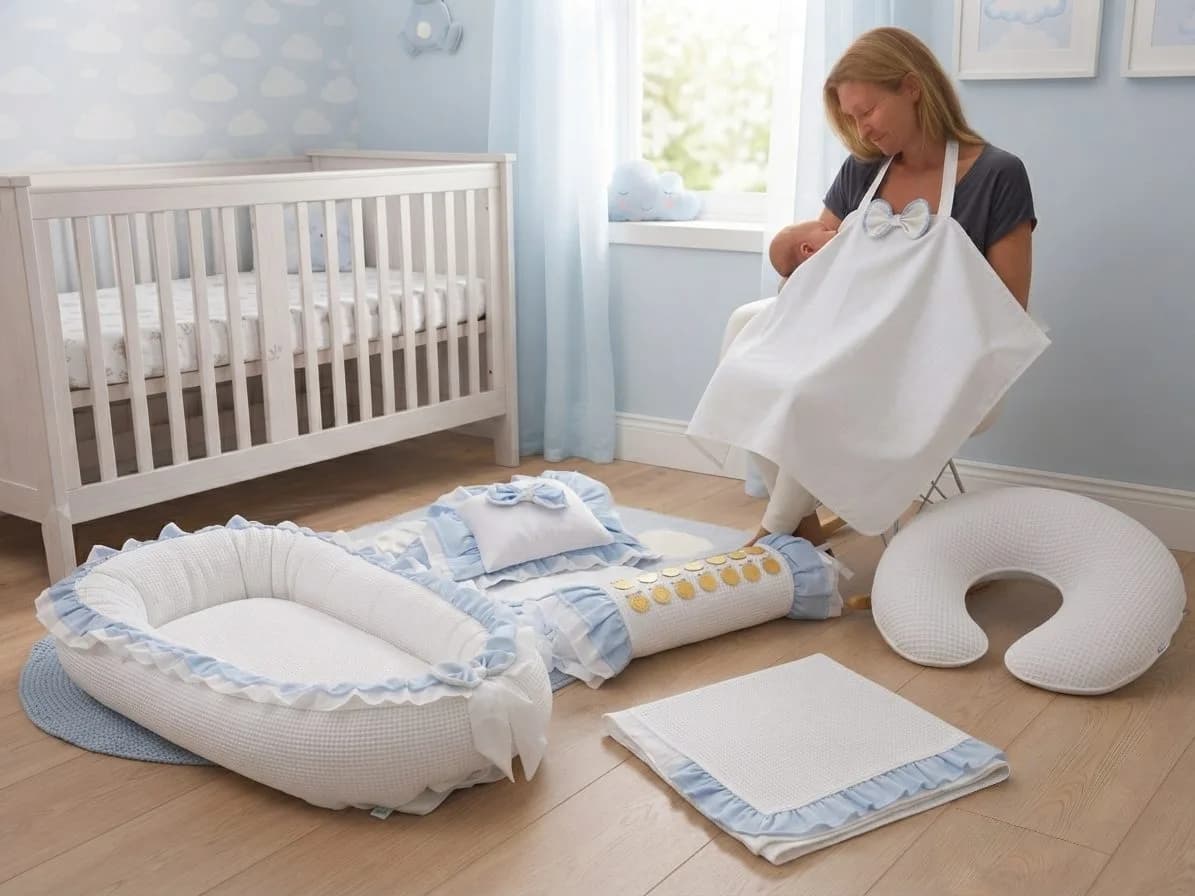 Full set 11 parça Mavi beyaz Fırfırlı babynest seti