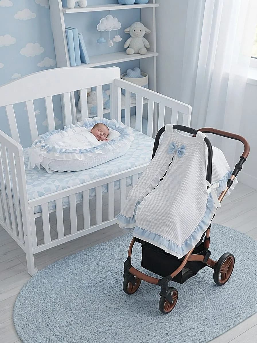 Full set 11 parça Mavi beyaz Fırfırlı babynest seti