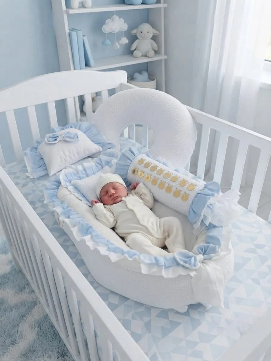 Full set 11 parça Mavi beyaz Fırfırlı babynest seti