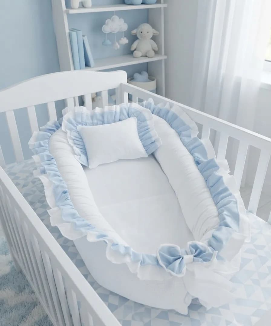 Full set 11 parça Mavi beyaz Fırfırlı babynest seti