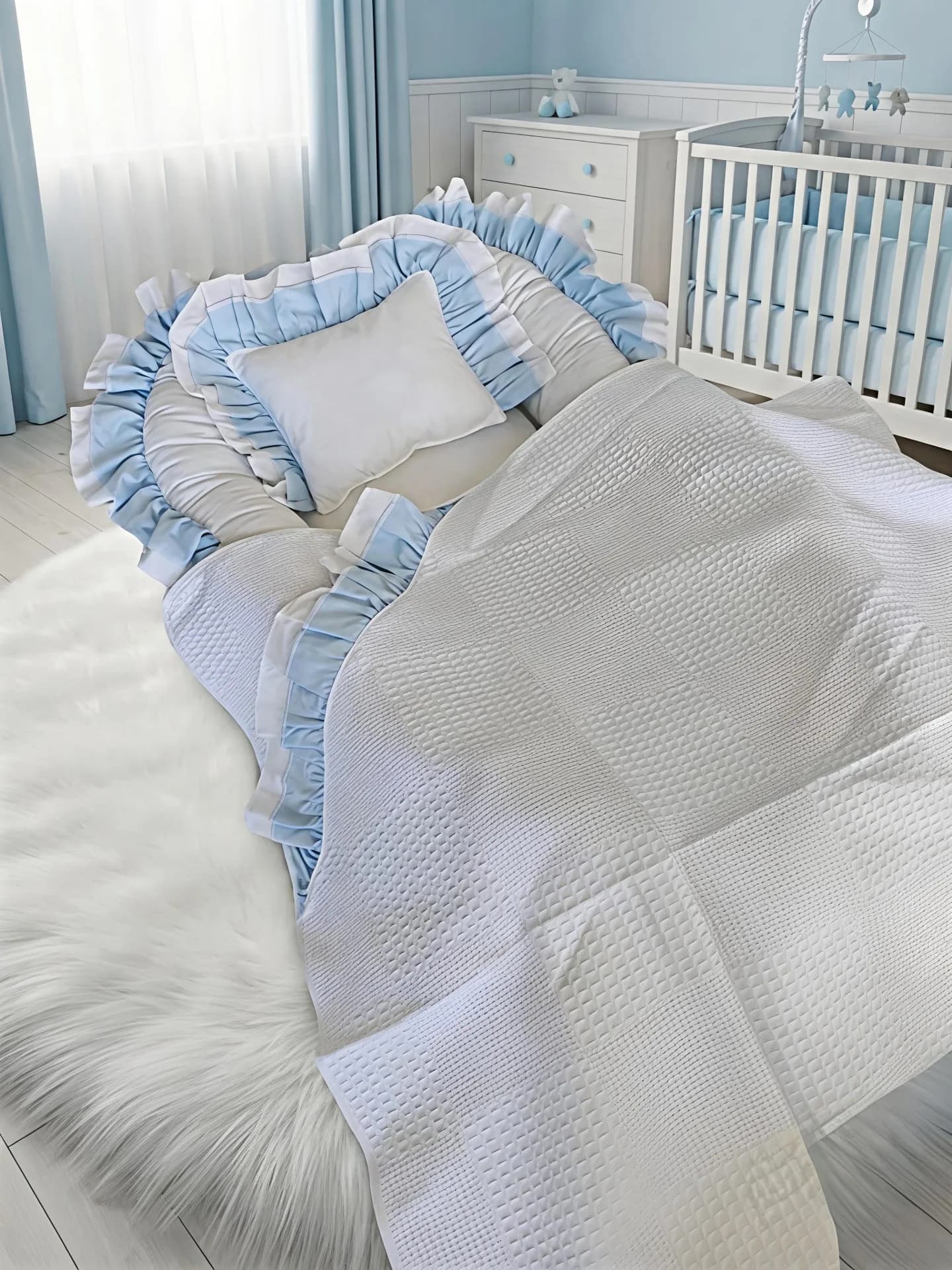 Full set 11 parça Mavi beyaz Fırfırlı babynest seti