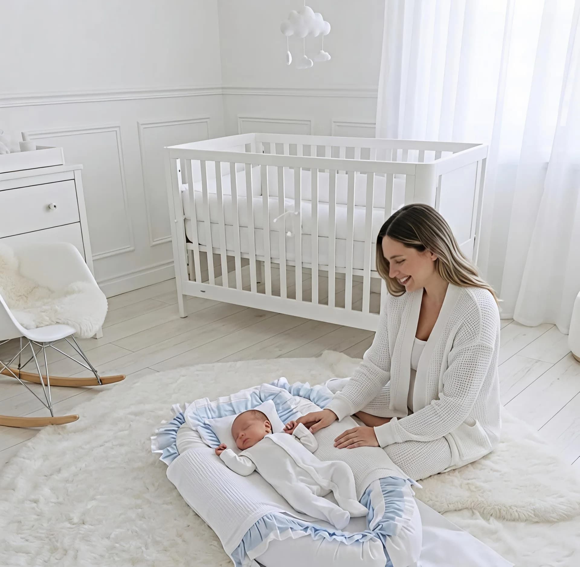 Full set 11 parça Mavi beyaz Fırfırlı babynest seti