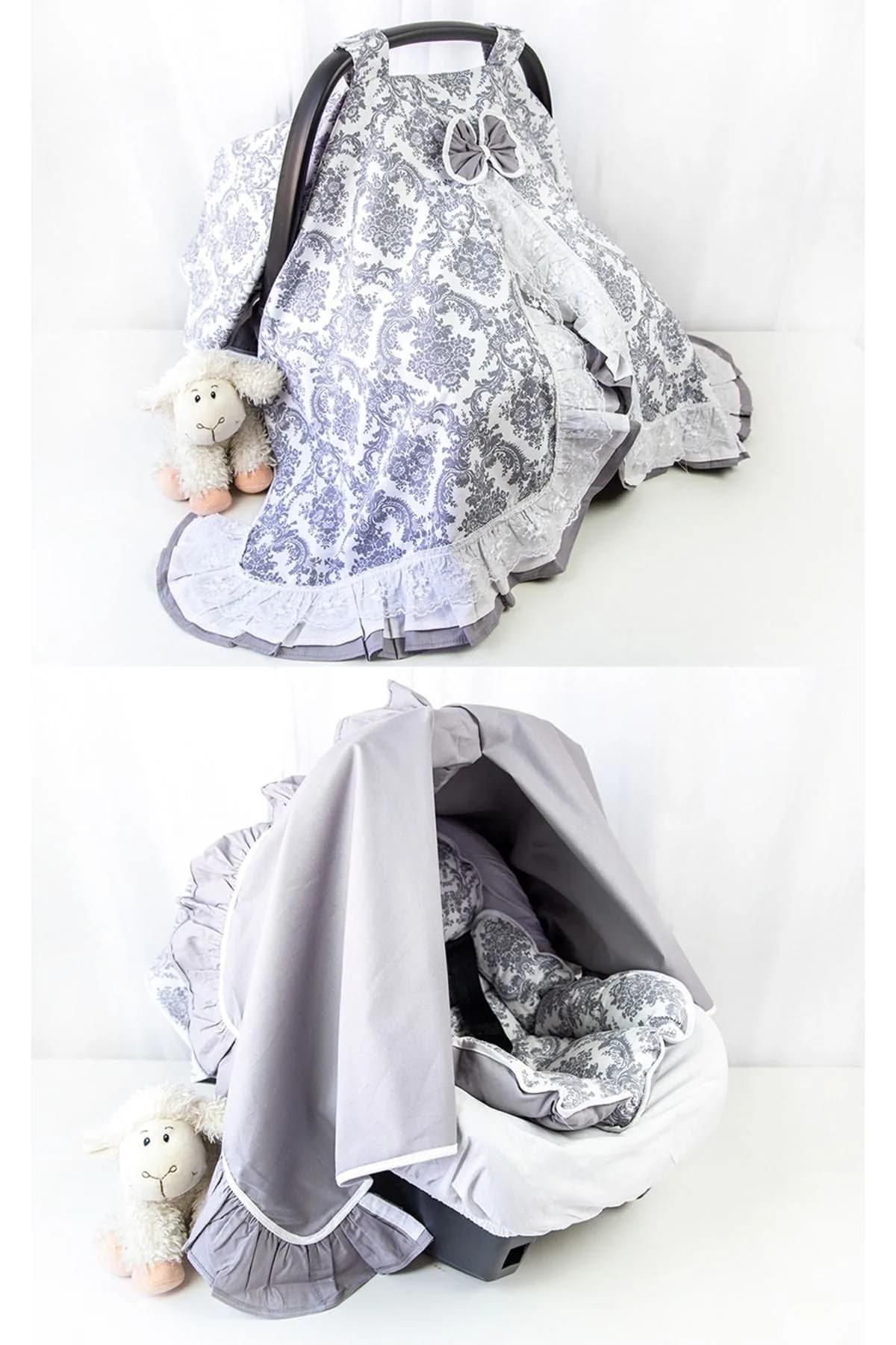 3lu Puset Ortusu - Puset Minderi - Puset Carsafi Model %100 Pamuk Cift Katli Firfirli Gri Elegant BabyNest