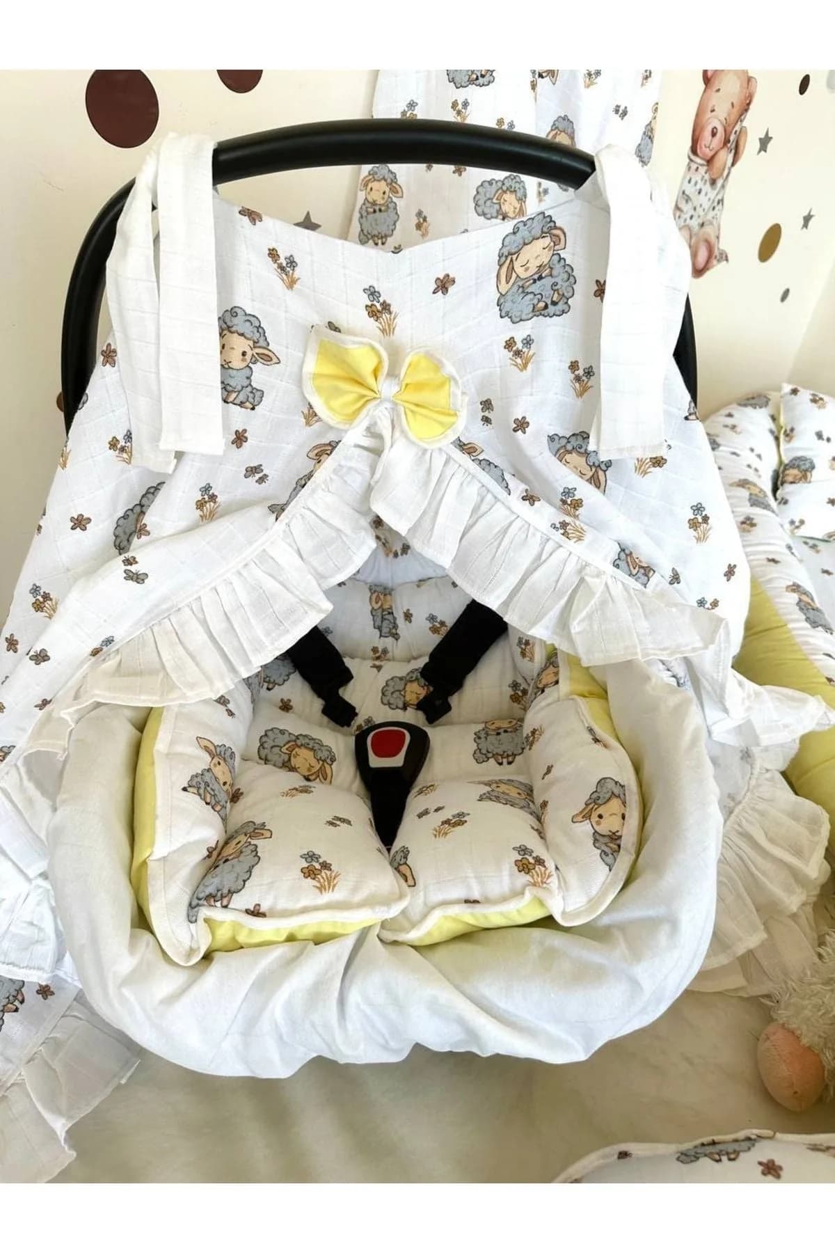 3lu Puset Ortusu/bebek Araba Ortusu - Puset Minderi - Puset Carsafi Beyaz Muslin Firfirli Kuzu BabyNest