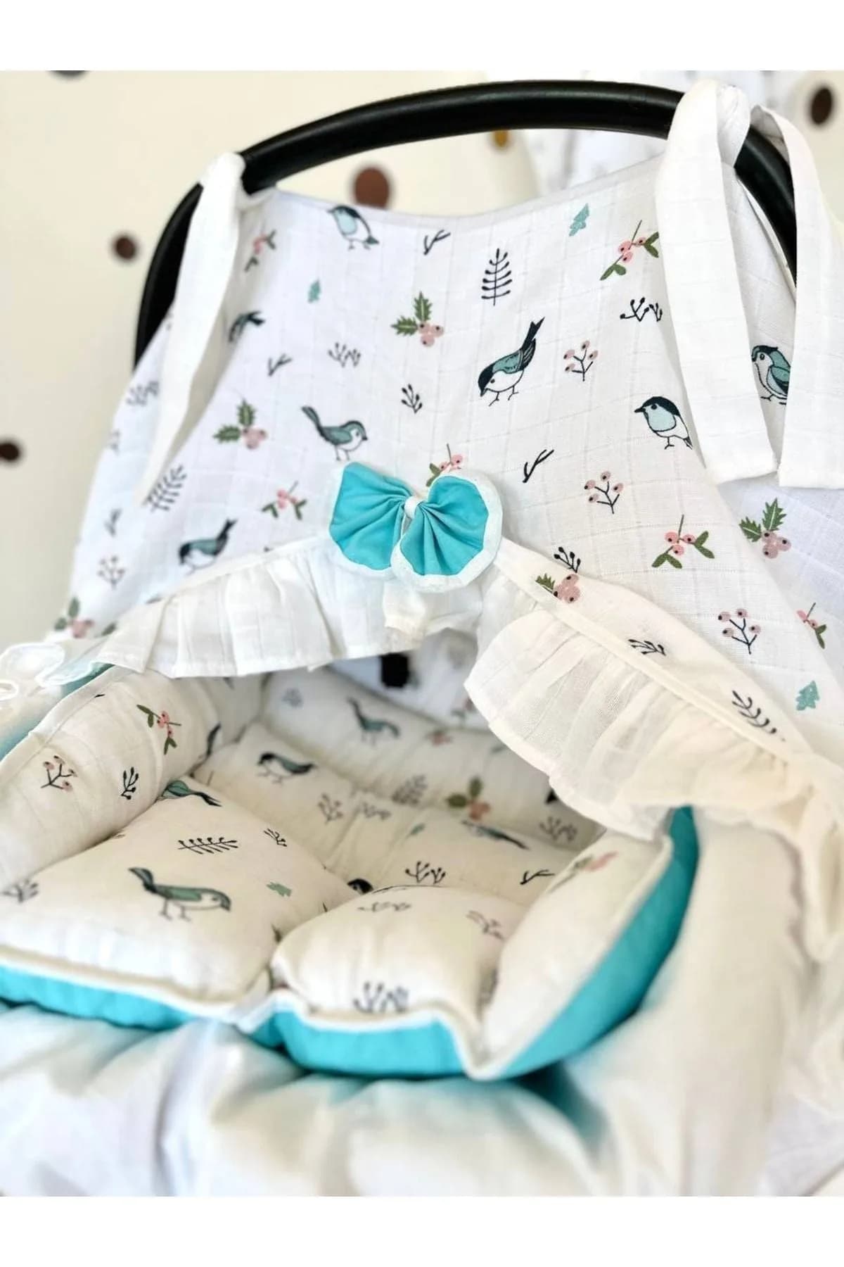 3lu Puset Ortusu/bebek Araba Ortusu - Puset Minderi - Puset Carsafi Beyaz Muslin Firfirli Kuslu BabyNest