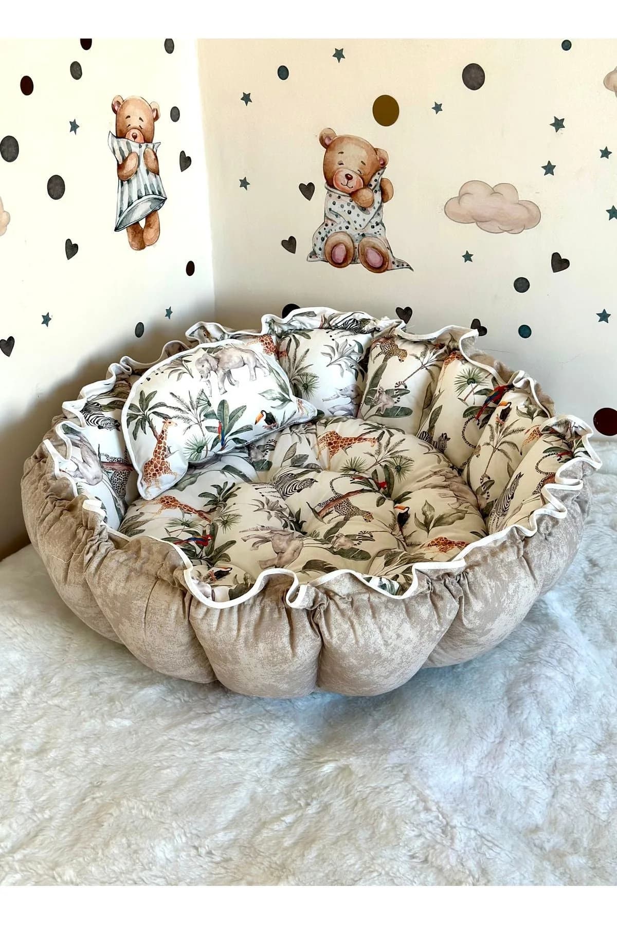 Yuvarlak Yatak/oyun Minderi Ve Yastigi Amazon Fil Zurafa Desenli BabyNest