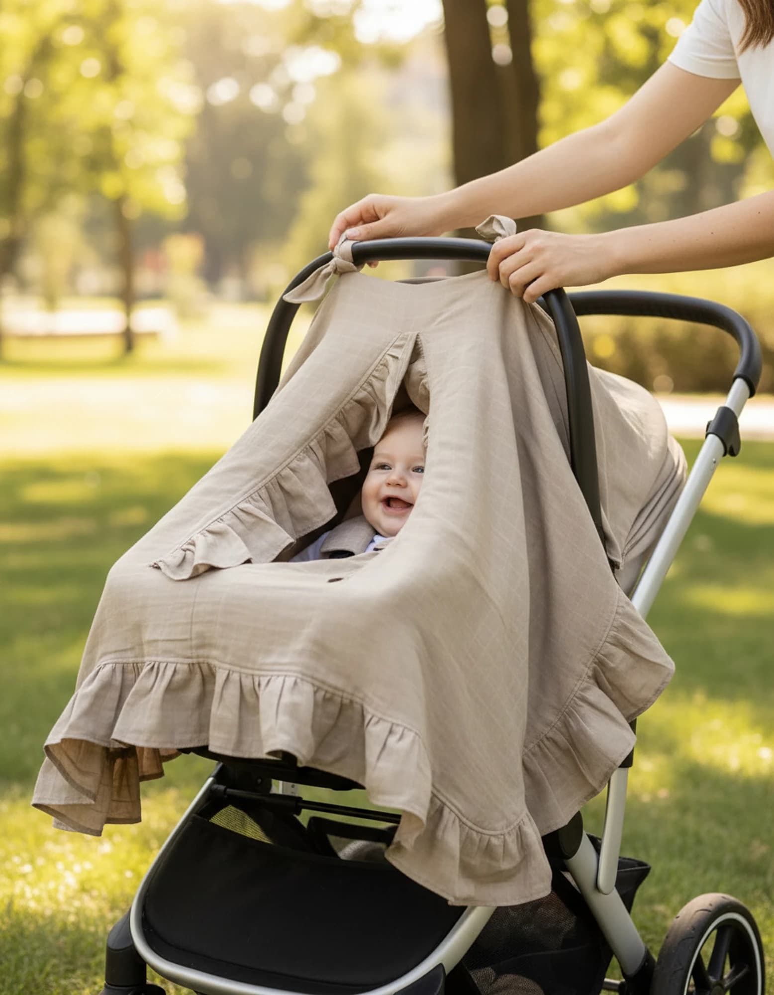 Puset Ortusu/Bebek Arabasi Ortusu %100 Pamuk Muslin Bej Firfirli BabyNest görsel 2