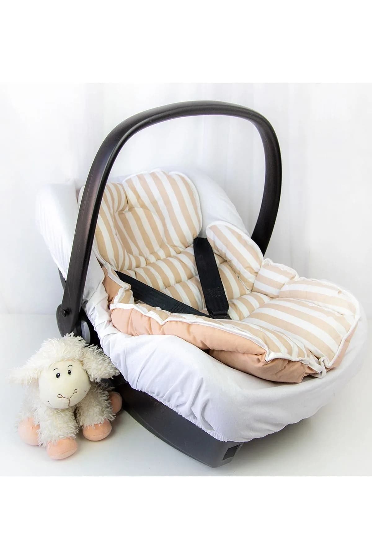 Puset Minderi Ve Puset Carsafi %100 Pamuk Cizgili Bej BabyNest