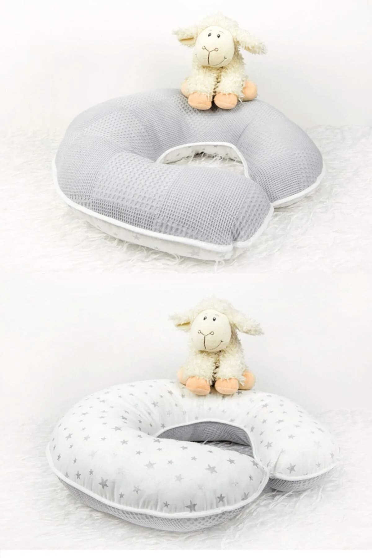 Emzirme Yastigi Ve Destek Minderi Gri Yildiz Ve Pikeli Model (BEYAZ BIYELI) BabyNest