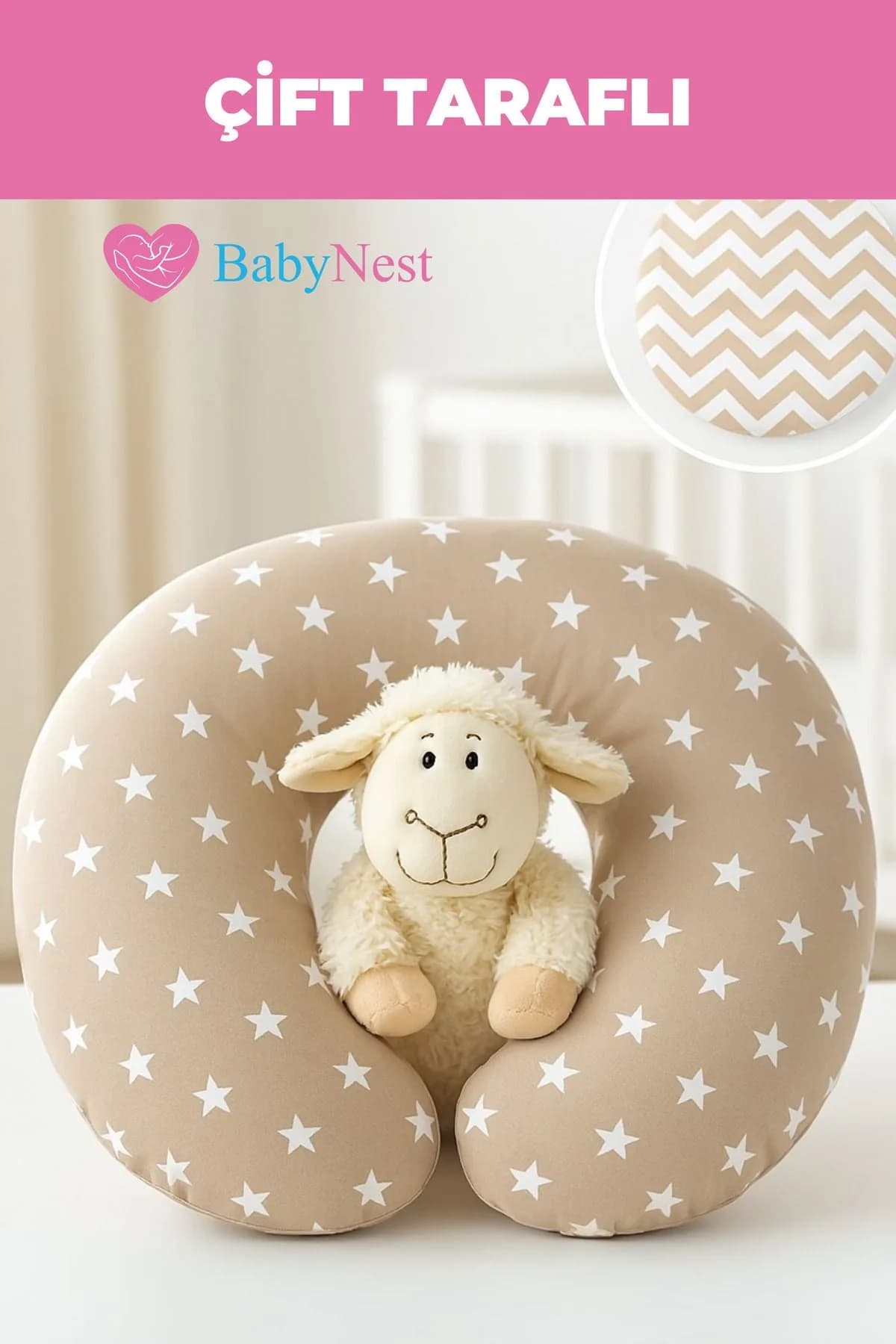 Emzirme Yastigi Ve Destek Minderi Krem Yildiz Ve Krem Zikzak (BEYAZ BIYELI) BabyNest