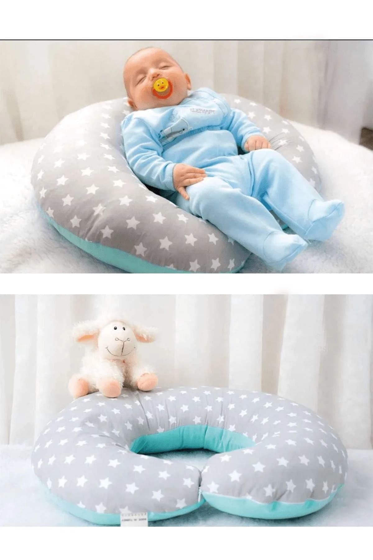 Emzirme Yastigi Ve Destek Minderi Gri Yildiz Ve Duz Mint (BEYAZ BIYELI) BabyNest