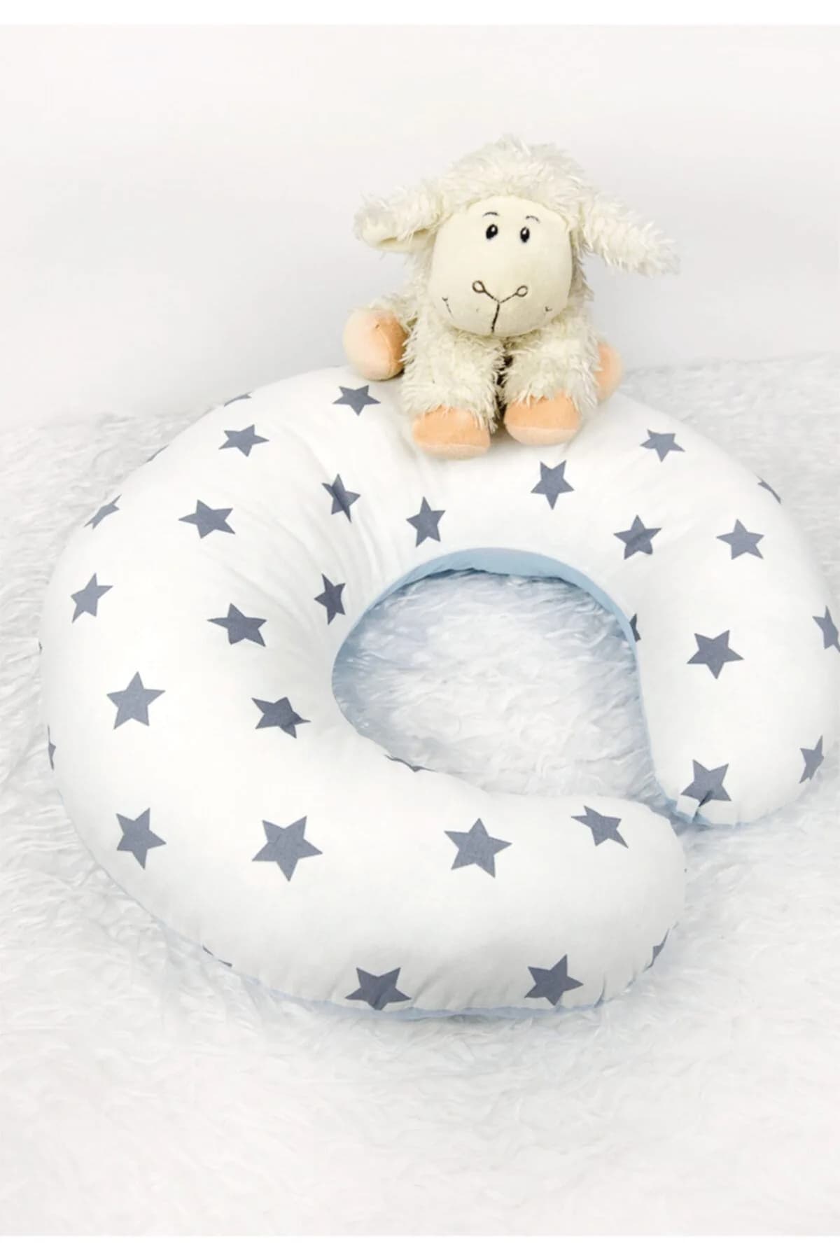 Emzirme Yastigi Ve Destek Minderi Gri Yildiz Ve Mavi (BEYAZ BIYELI) BabyNest