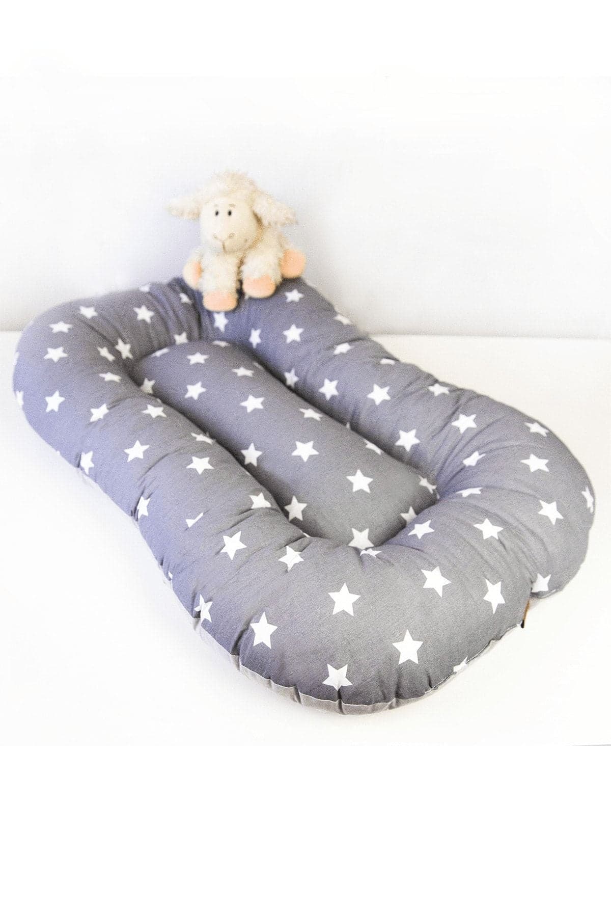 Oval Bebek Yatak Cift Yonlu Gri Yildiz Model