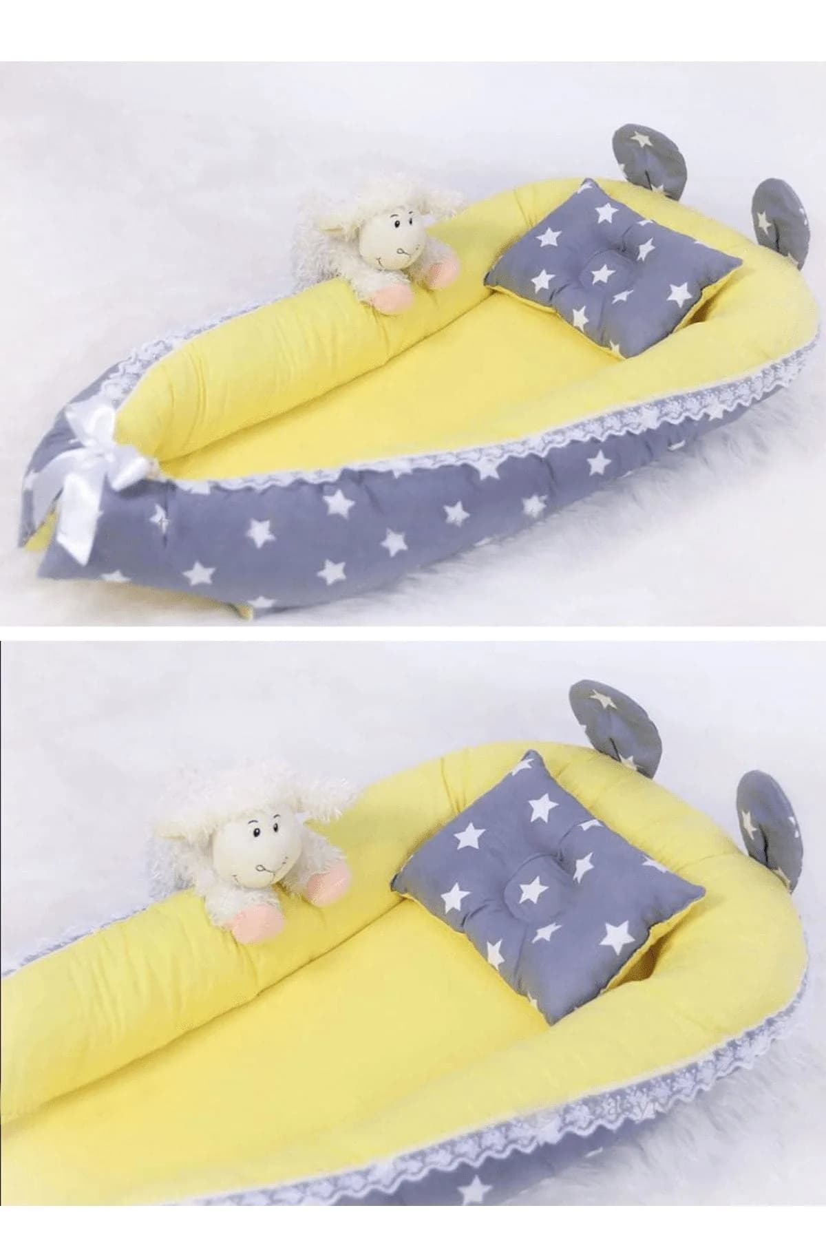 Yatak Ve Ortopedik Yastik Gri Yildiz Ve Sari Gupurlu BabyNest