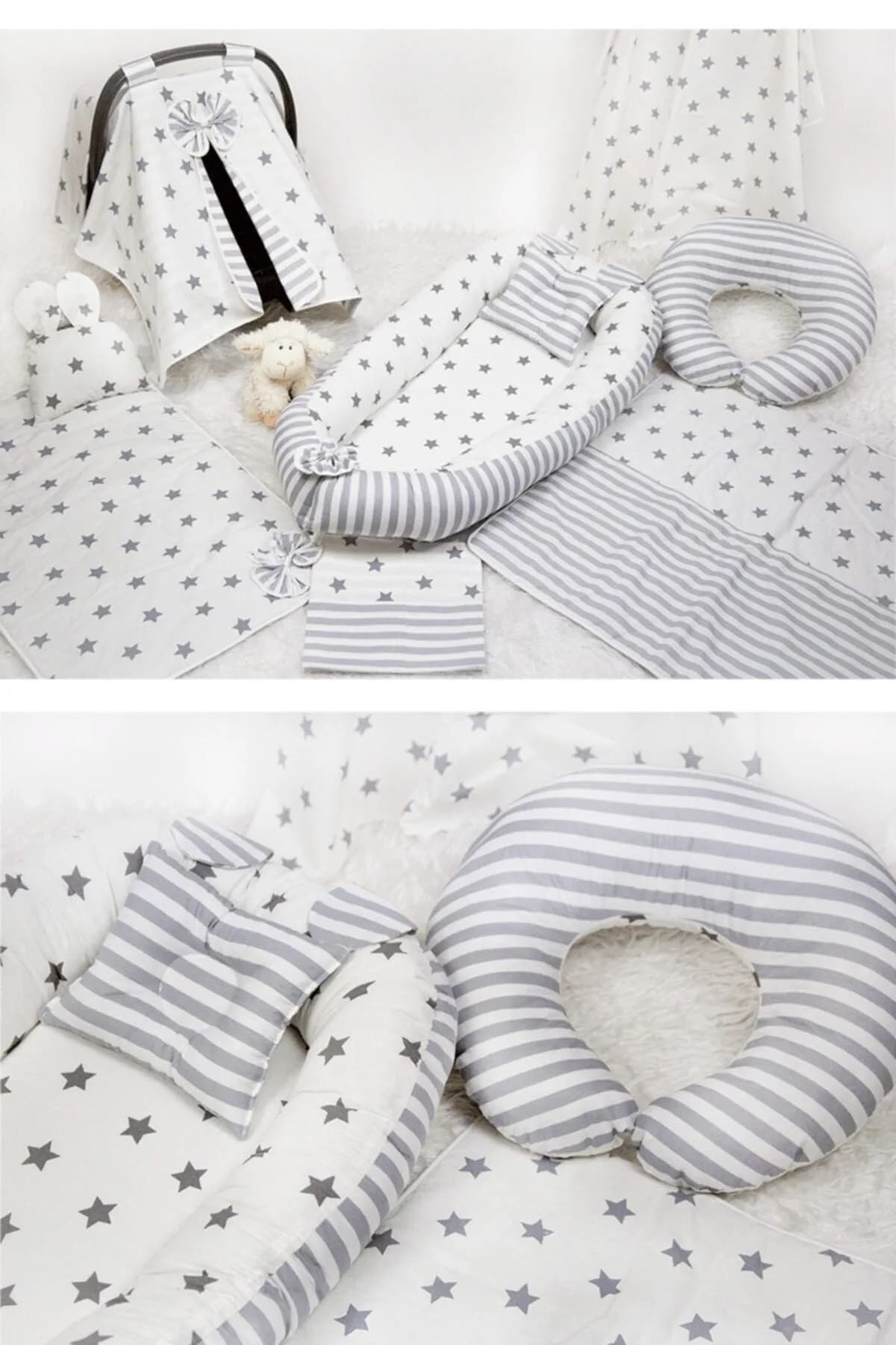 Full Set 9 Parca Bebek Ihtiyac Seti Gri Yildiz Ve Gri Cizgili BabyNest