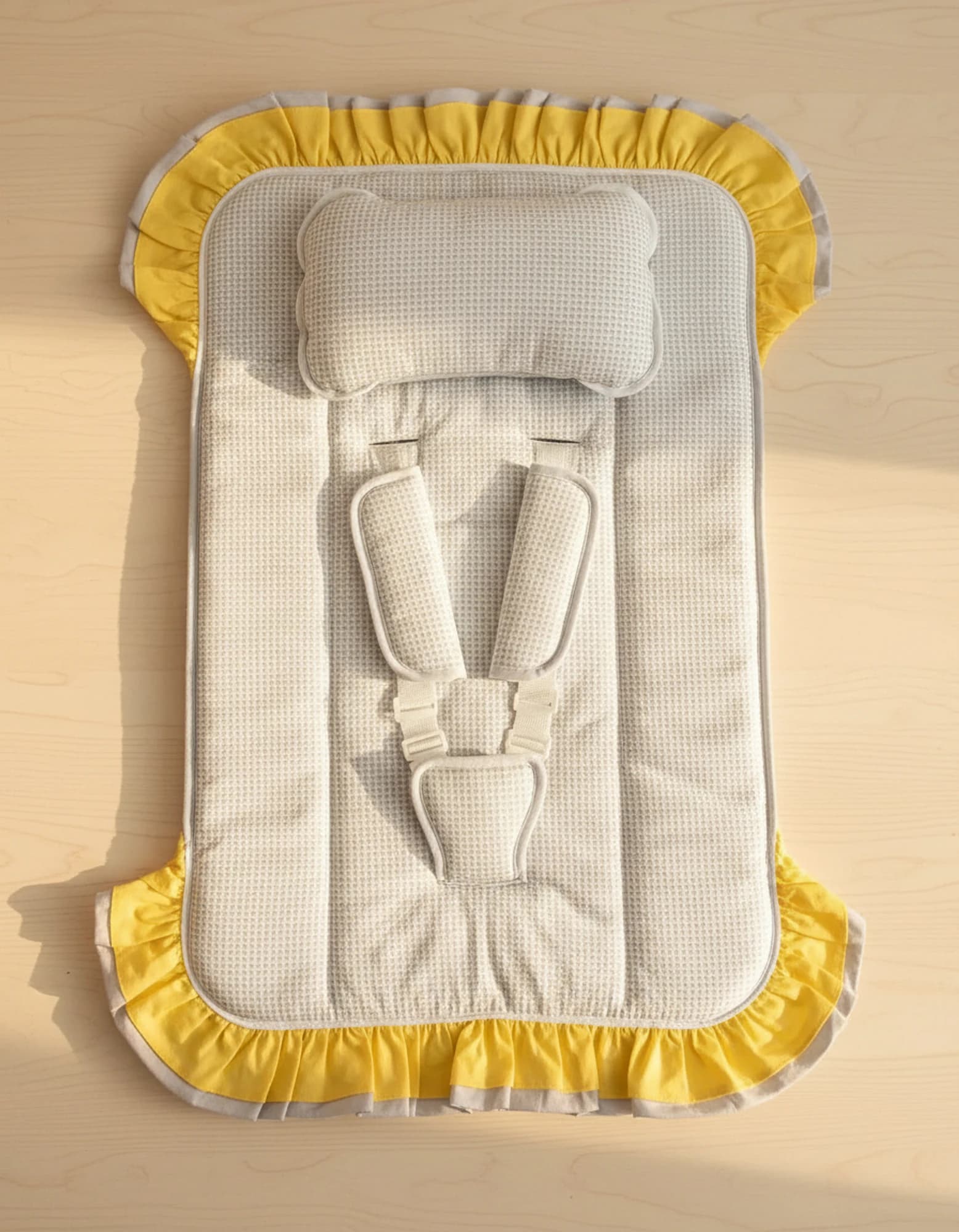 3lu Puset Ortusu - Puset Minderi - Puset Carsafi Model %100 Pamuk Cift Katli Firfirli Ekose Gri BabyNest görsel 3