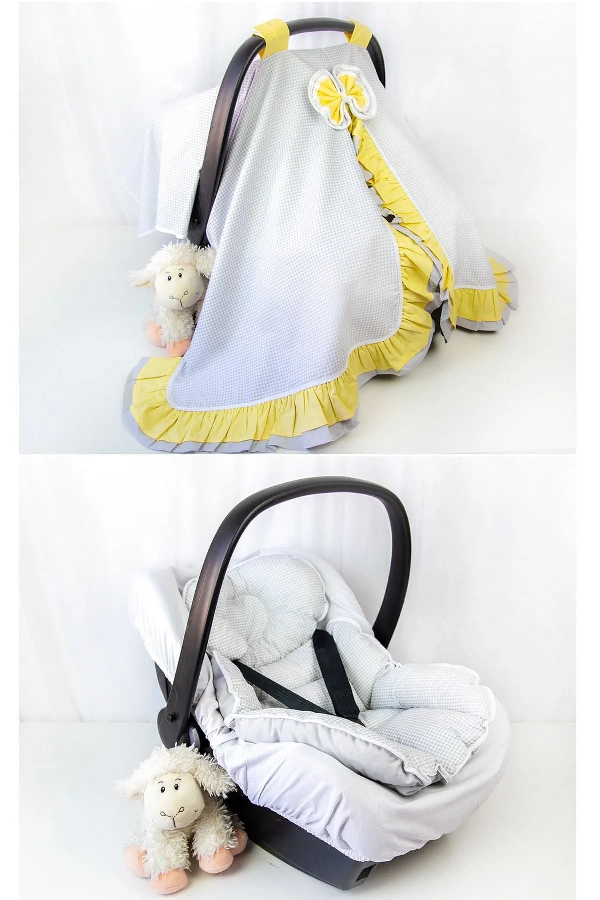 3lu Puset Ortusu - Puset Minderi - Puset Carsafi Model %100 Pamuk Cift Katli Firfirli Ekose Gri BabyNest