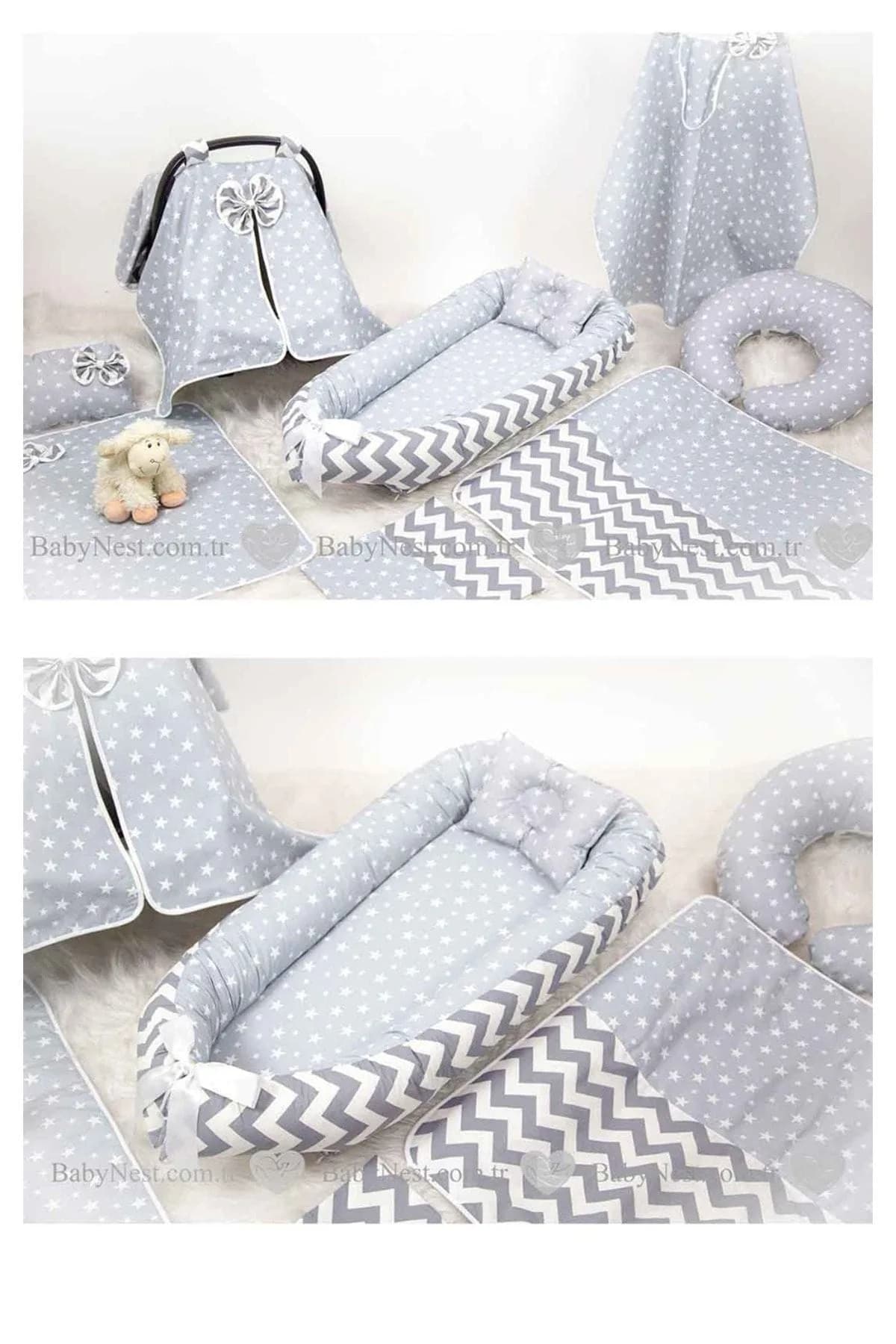 Full Set 9 Parca Ihtiyac Urunleri Gri Kucuk Yildiz Ve Gri Zikzak BabyNest
