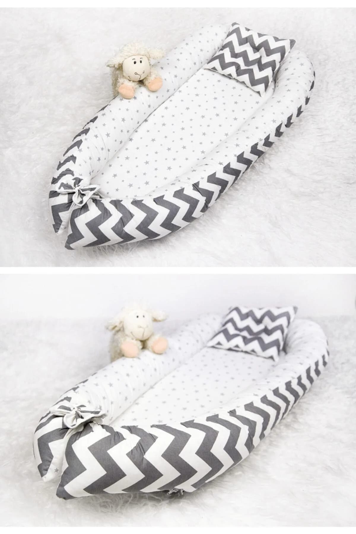 Yatak Ve Ortopedik Yastik Gri Minik Yildiz Ve Kalin Zikzak BabyNest