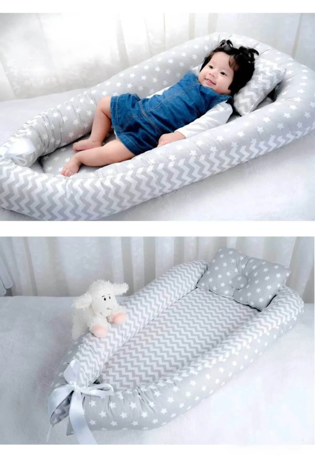 Bebek Yatak Ve Ortopedik Yastigi Gri Minik Yildiz Ve Zikzak BabyNest