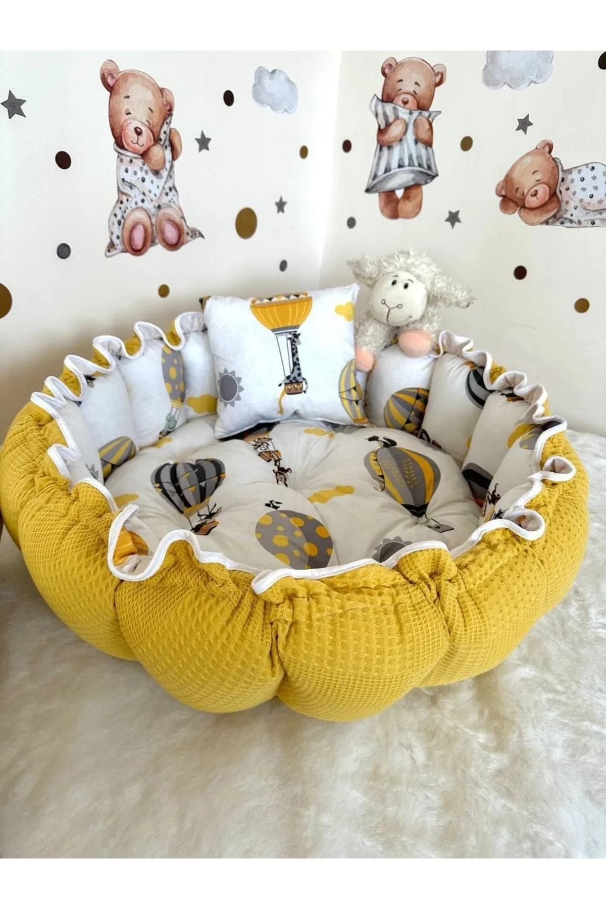 Yuvarlak Yatak/oyun Minderi Ve Yastigi Hardal Pikeli Ve Poplin Desenli BabyNest