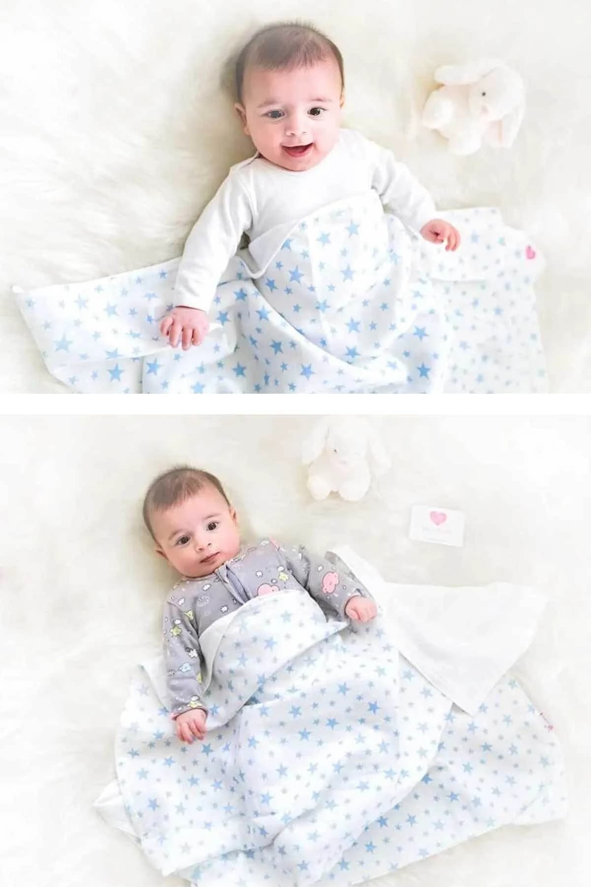 Muslin Ortu Cift Katli Mavi Yildiz Desen Ve Duz Beyaz BabyNest