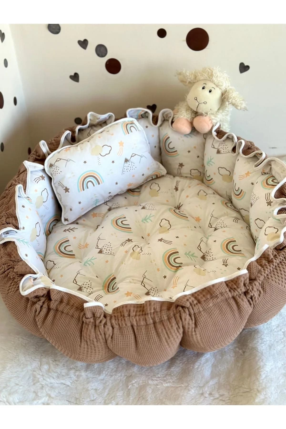 Yuvarlak Yatak/oyun Minderi Ve Yastigi Kahve Pike Gokkusagi BabyNest