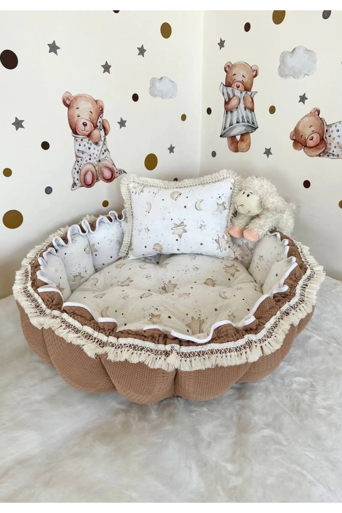 Yuvarlak Yatak/oyun Minderi Ve Yastigi Kahve Pike Puskullu BabyNest