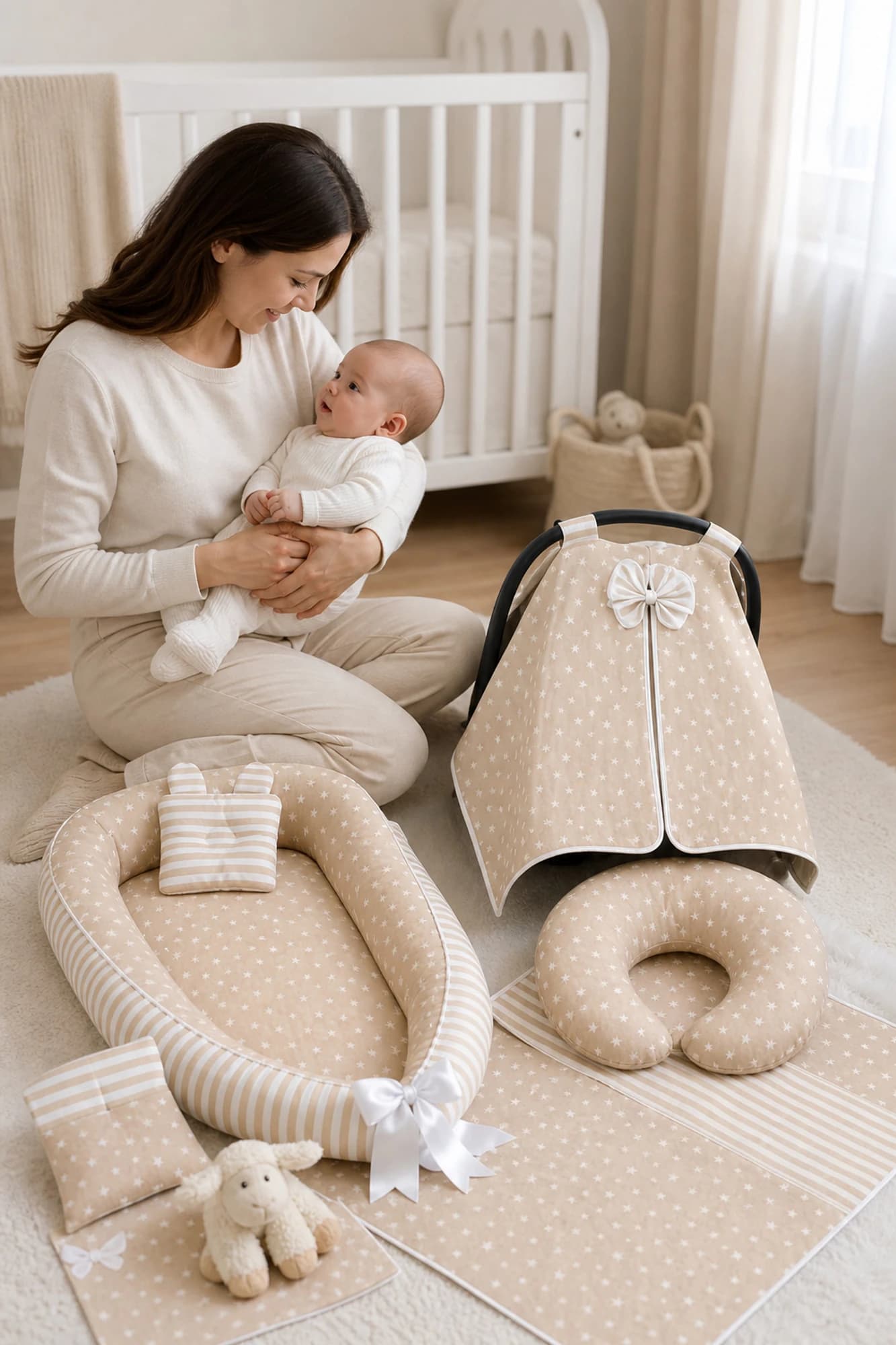 Full Set 9 Parca Ihtiyac Urunleri Krem Yildiz Krem Cizgili BabyNest görsel 13