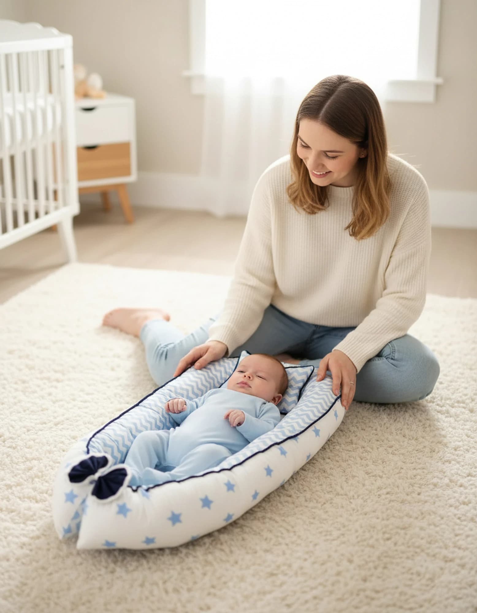 Yatak Ve Ortopedik Yastik Mavi Yildiz Ve Zikzak Fitilli BabyNest görsel 2