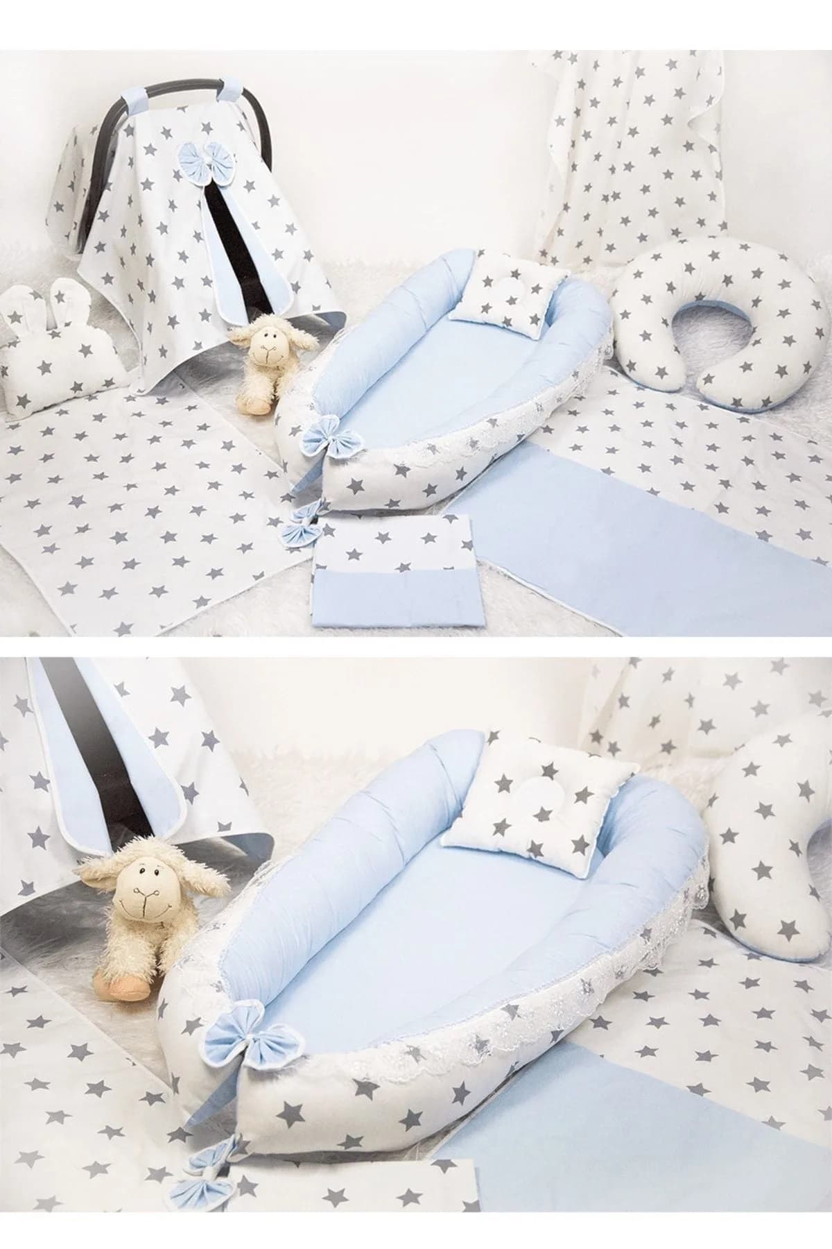 Full Set 9 Parca Ihtiyac Urunleri Duz Mavi Ve Gri Yildiz BabyNest