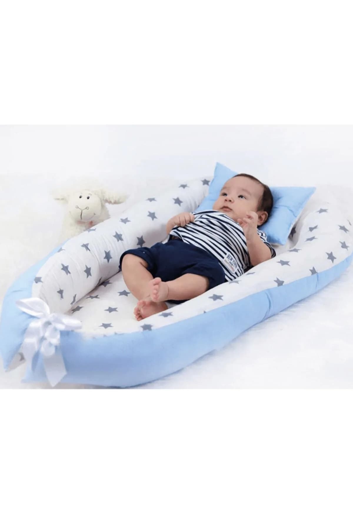 Bebek Yatak Ve Ortopedik Yastik Mavi ve gri yıldızlı BabyNest