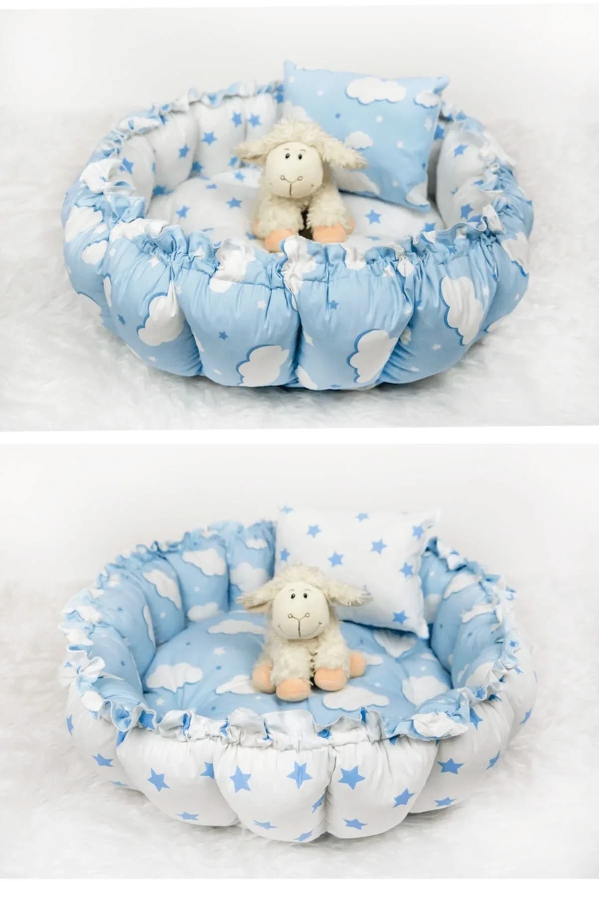 Yuvarlak Yatak Oyun Minderi ve Yastigi Mavi Bulut BabyNest