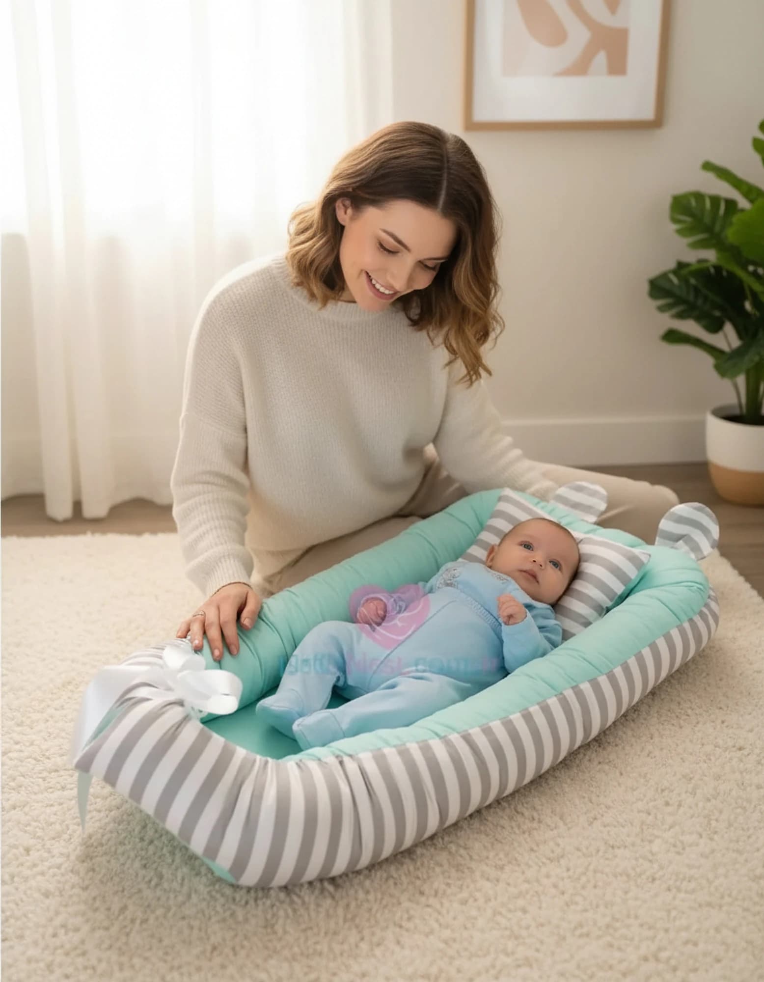 Yatak Ve Ortopedik Yastik Mint Ve Gri Cizgili Model BabyNest görsel 2