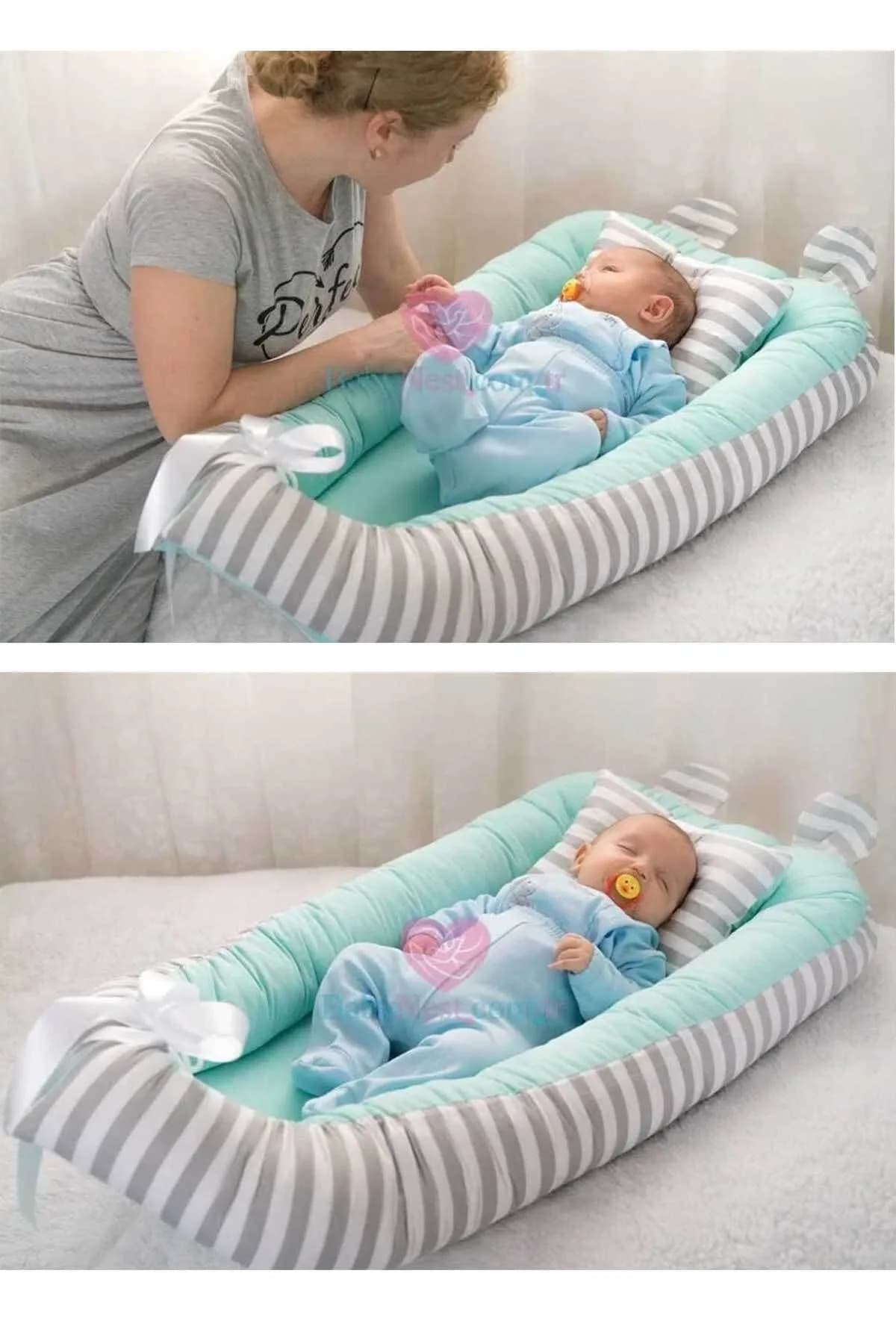 Yatak Ve Ortopedik Yastik Mint Ve Gri Cizgili Model BabyNest