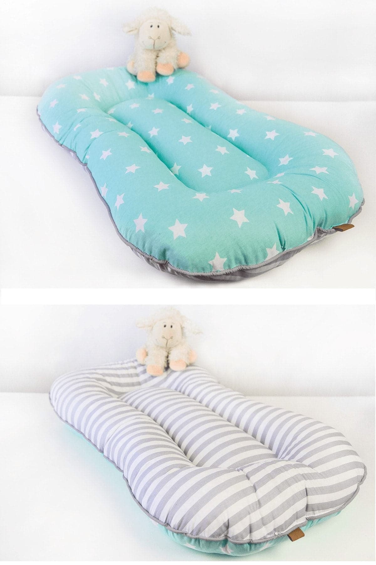 Oval Bebek Yatak Cift Yonlu Mint Yildiz Ve Gri Cizgili Model