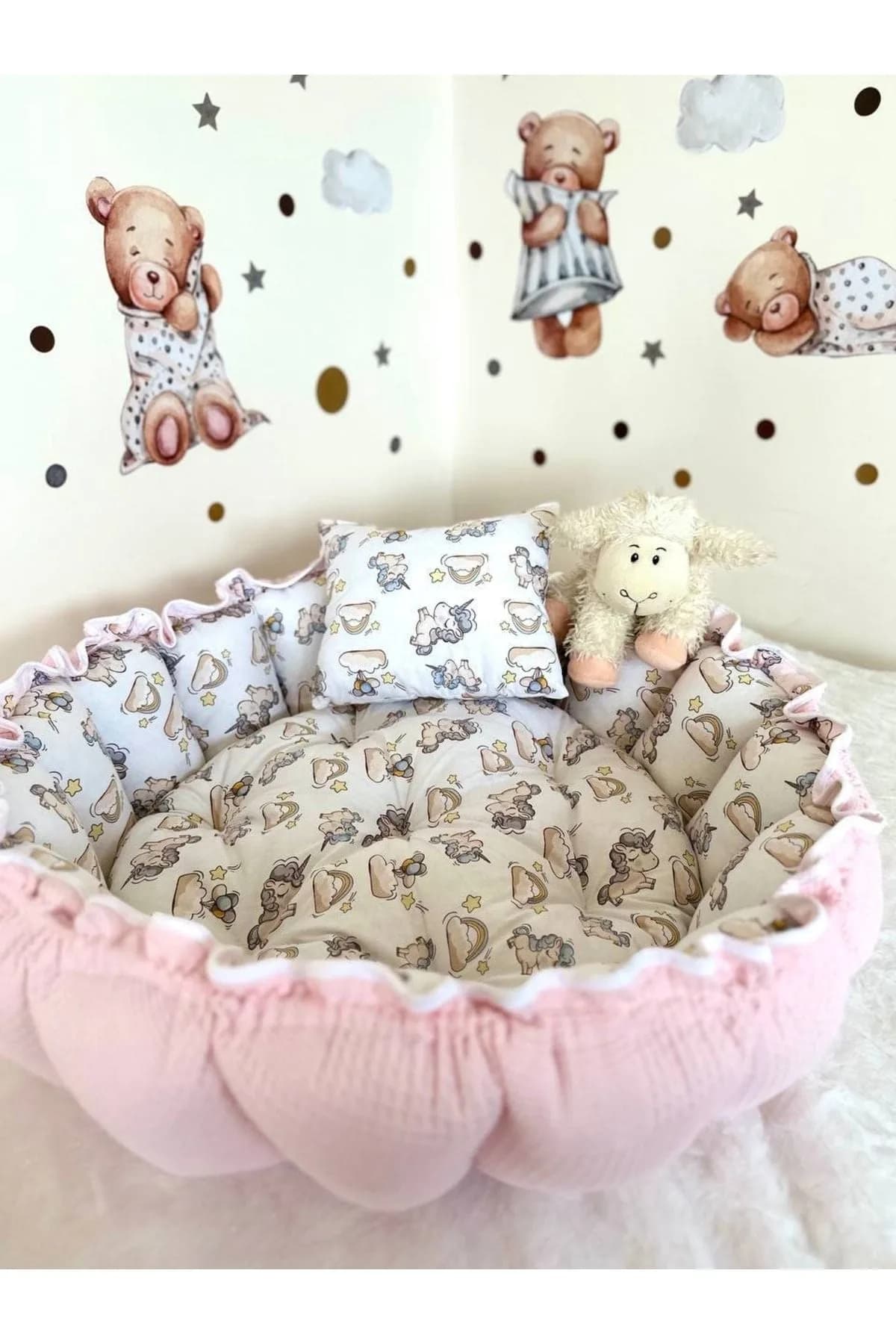 Yuvarlak Yatak/oyun Minderi Ve Yastigi Pembe Pikeli Ve Poplin Desenli Unicorn BabyNest