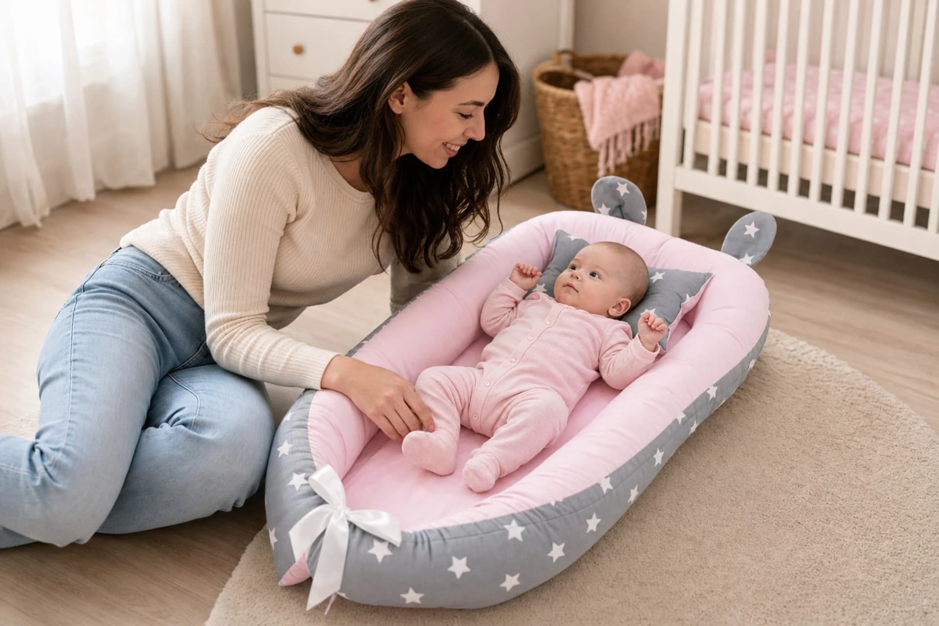 Yatak Ve Ortopedik Yastik Gri Yildiz Ve Pembe