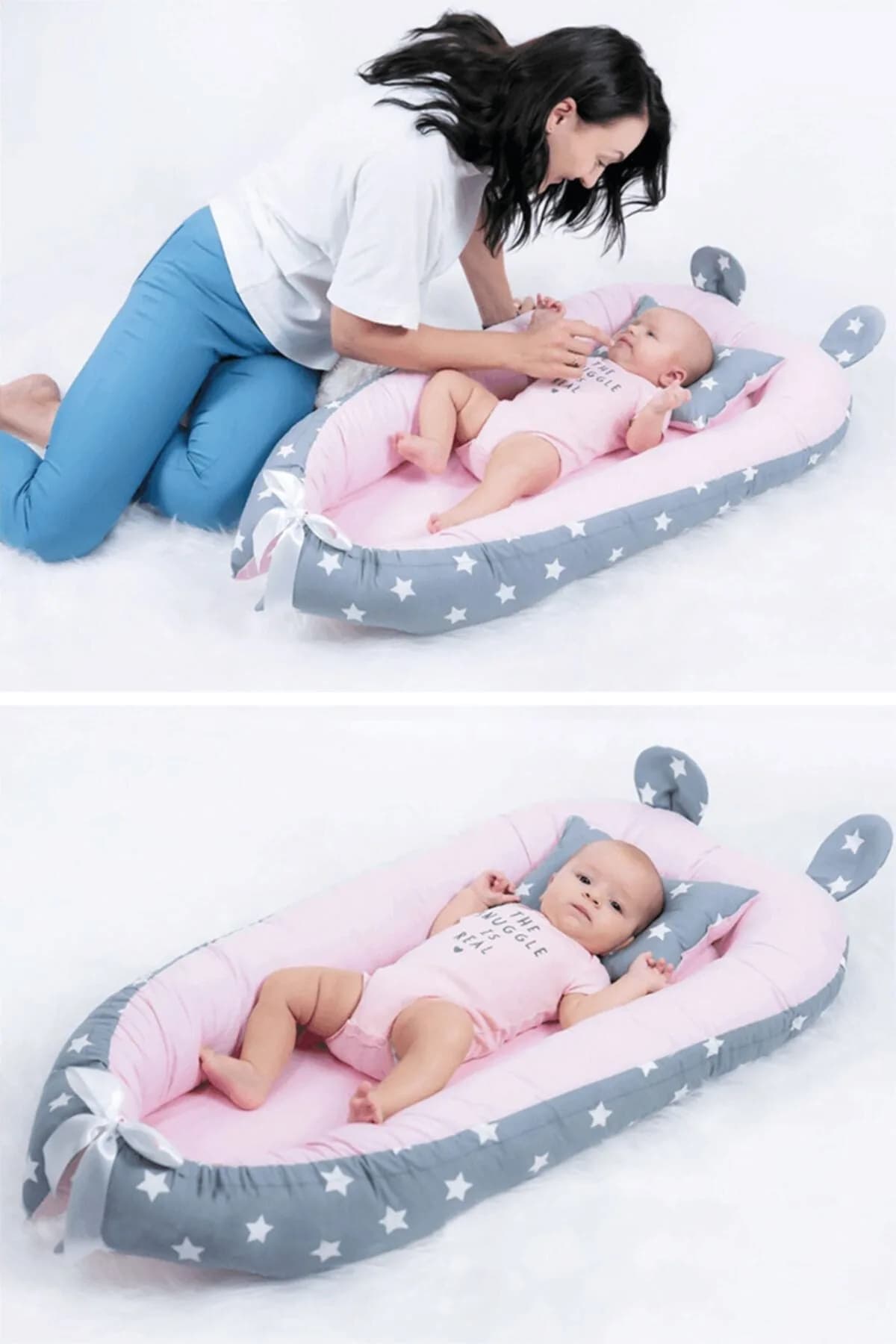 Yatak Ve Ortopedik Yastik Gri Yildiz Ve Pembe